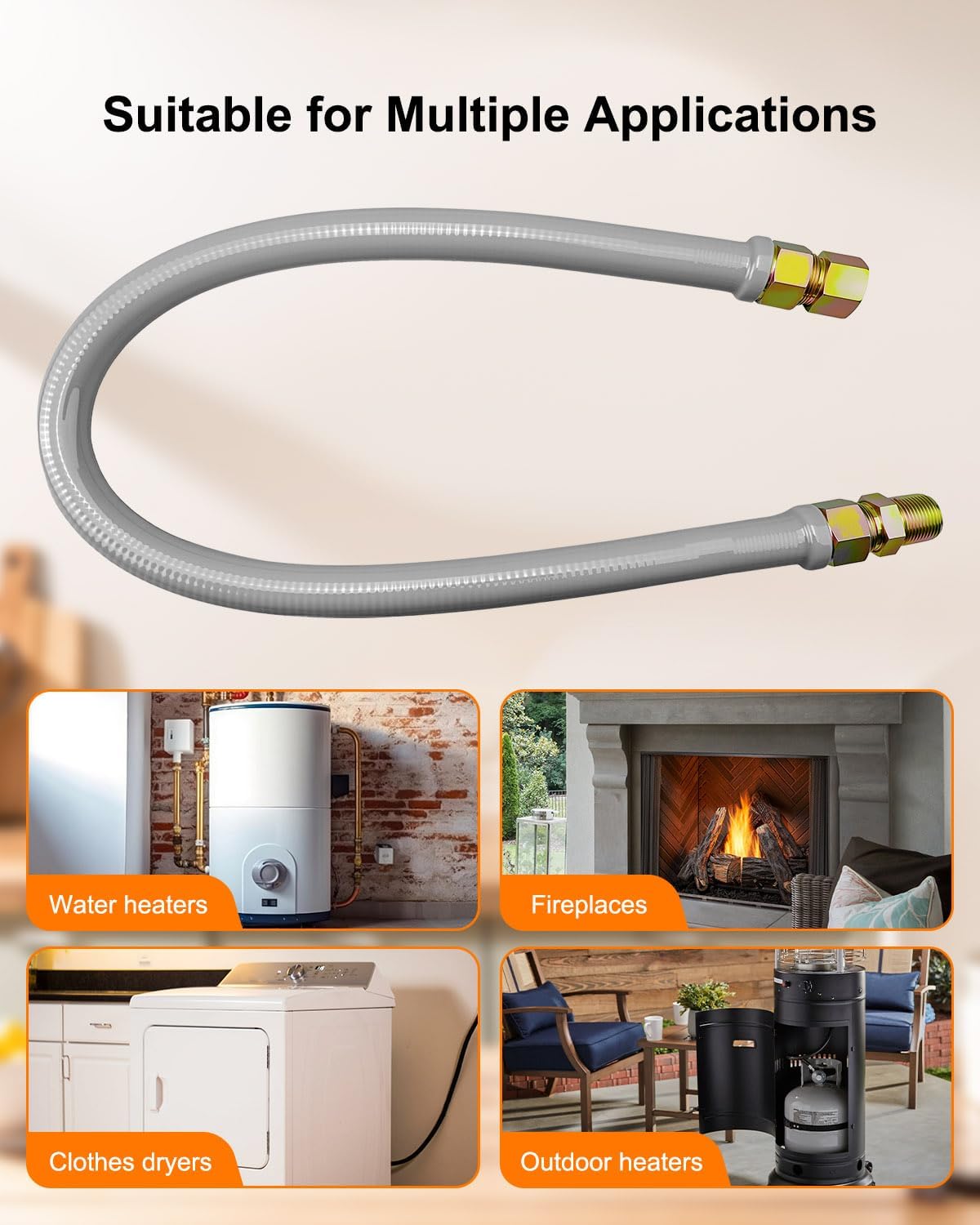 36 Inches Gas Flex Line 3/4 MIP x 3/4 Inch FIP Adapters, Gray Coating Flexible Gas Connector Hose Supply for Indoor and Outdoor