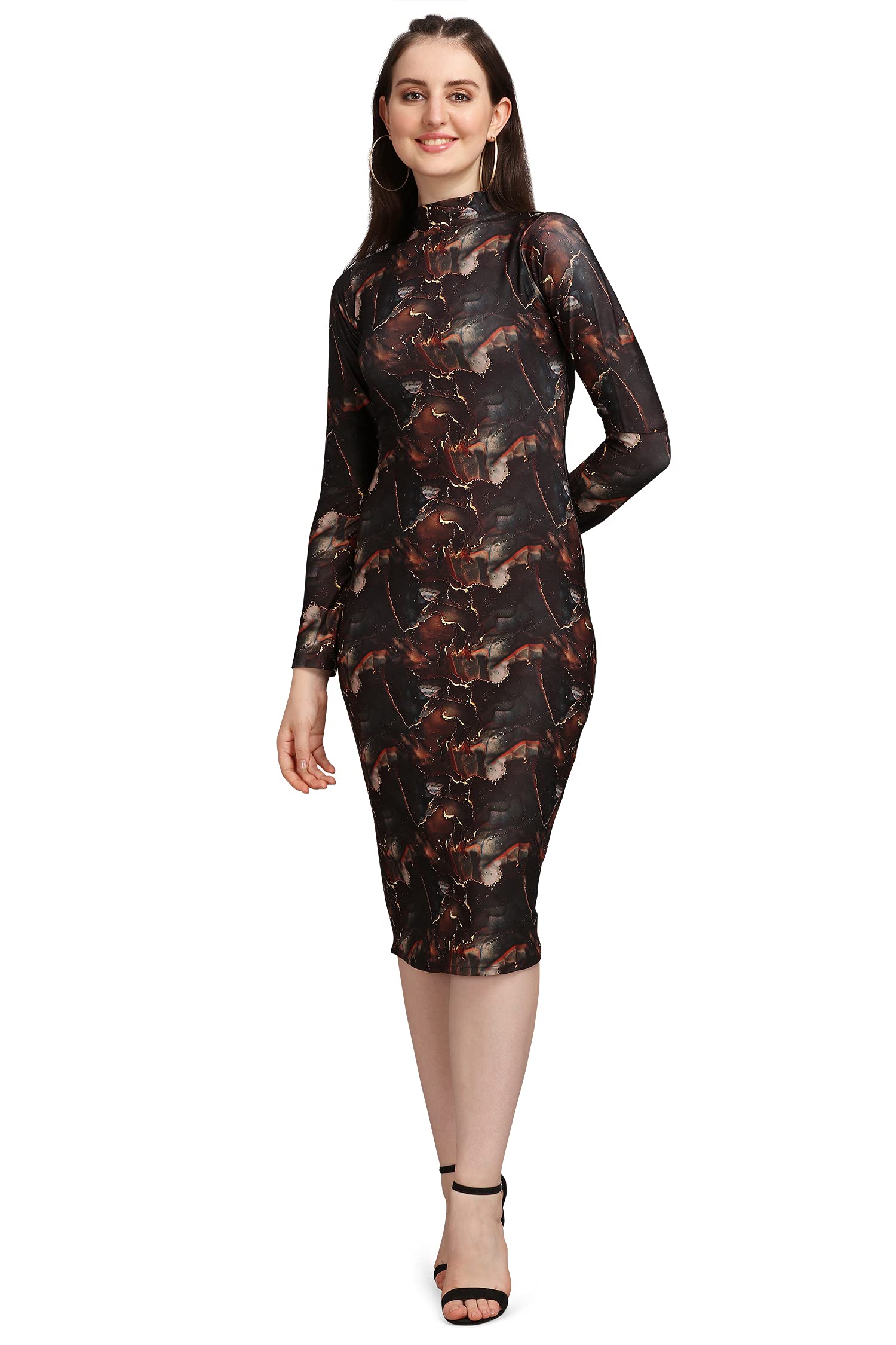 Purvaja Women's Polyester Blend Bodycon Knee Length Cocktail Dress (Siri-Turtle-Coco-S_Dark Brown
