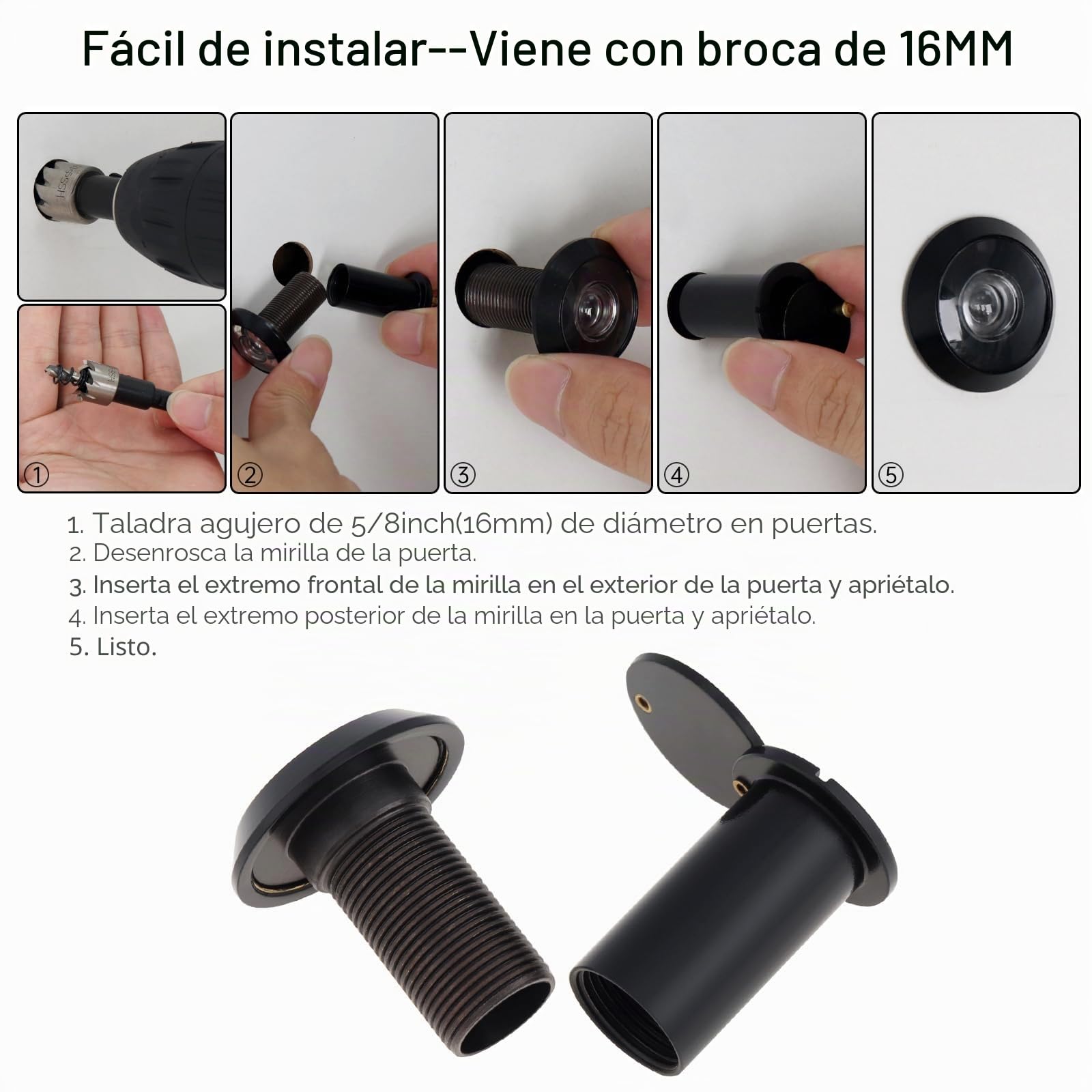 Mirilla para puerta, Visor de puerta de 200 grados con broca de 16mm para puertas de 38mm a 60mm (Negro)
