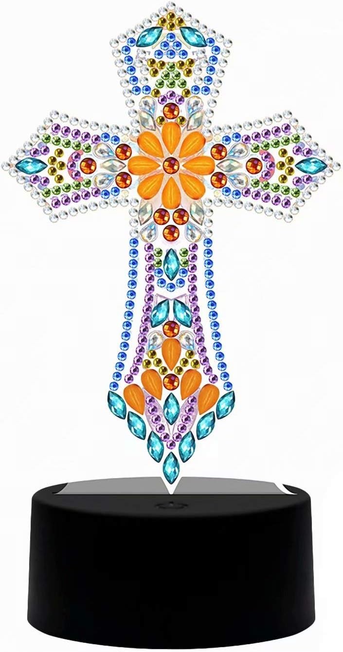 DIY Diamond Painting with LED Lights,DIY Special Shape Partial Drill Crystal Drawing Kit Bedside Night Light,Arts Crafts for Home Decoration(Religious Cross)