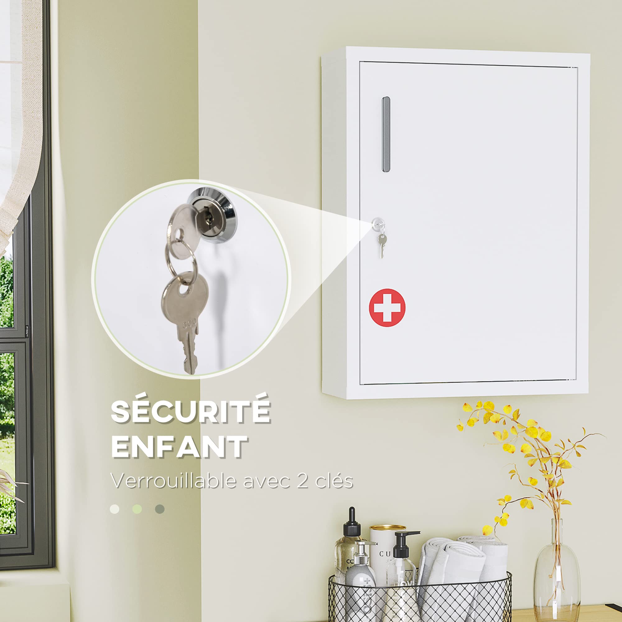 kleankin Armoire à Pharmacie Armoire à médicaments Murale 2 étagères 3 Niveaux avec Porte verrouillable 2 clés Acier 40 x 15 x 53,5 cm Blanc