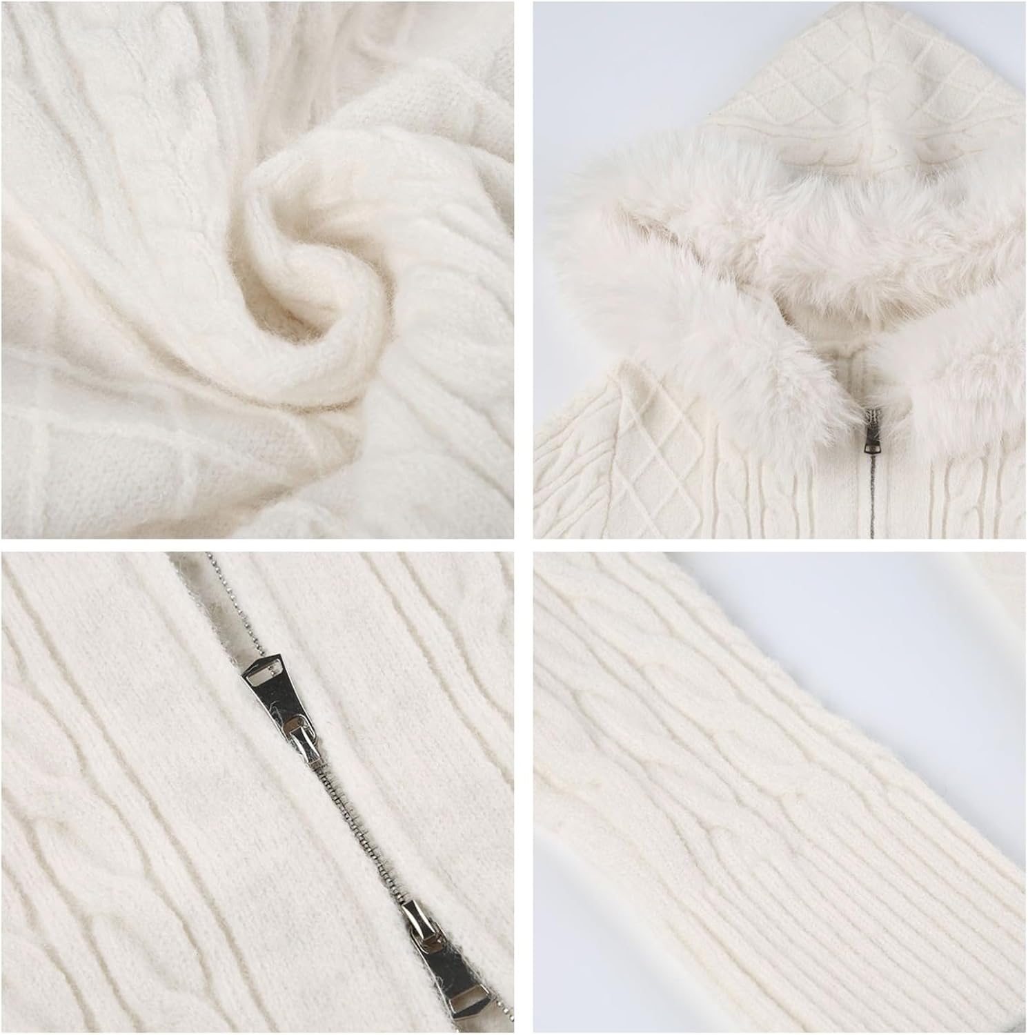 Women's Zip Up Cable Knit Cardigan Sweaters Long Sleeve Crop Tops Cute Y2K Fall Winter Outfits with Fur Collar