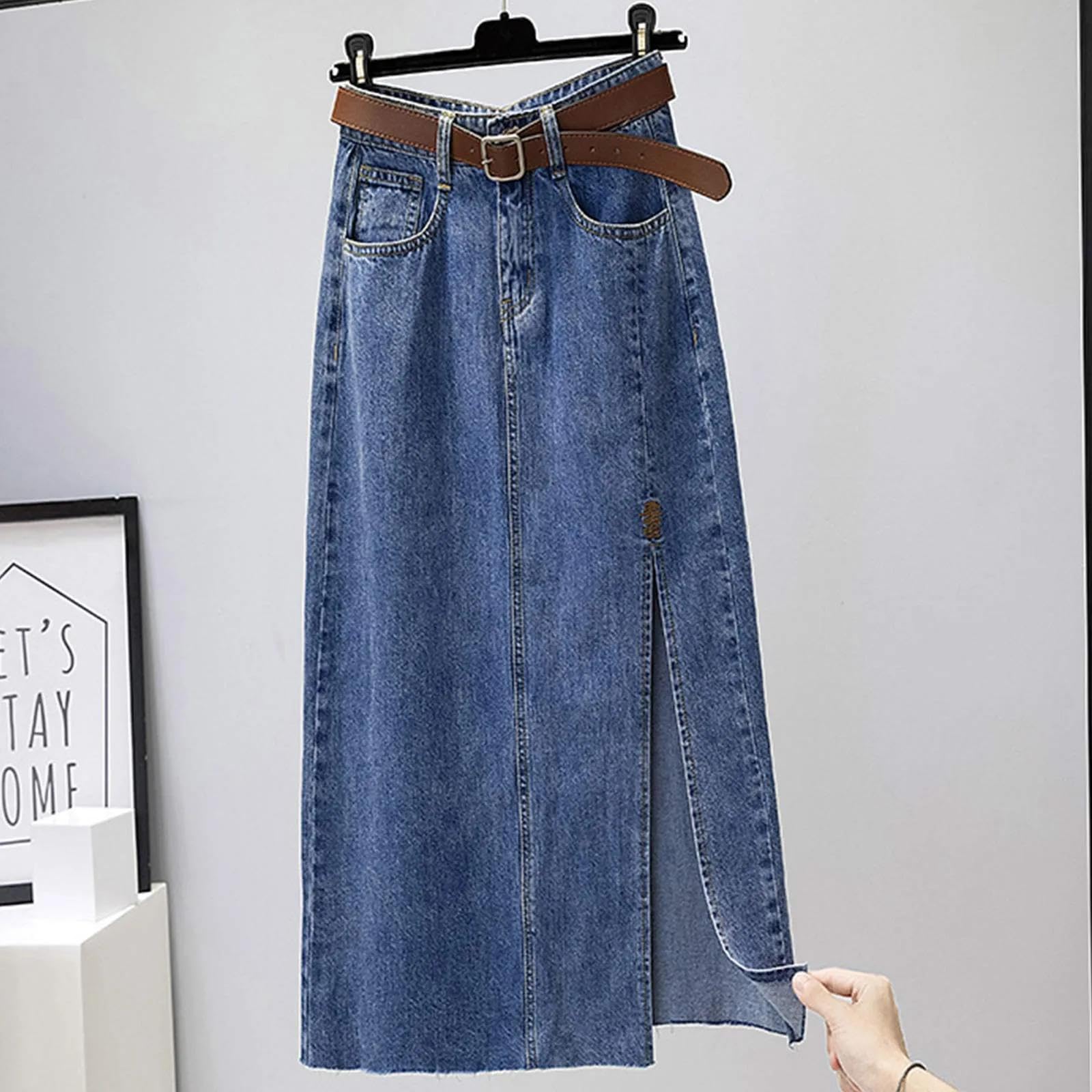 Rock Damen Langer Taille Skirt Linie Falten Jeansrock Für Frauen Split Midirock Weibliche Hohe Taille Taschen Gerade Rock