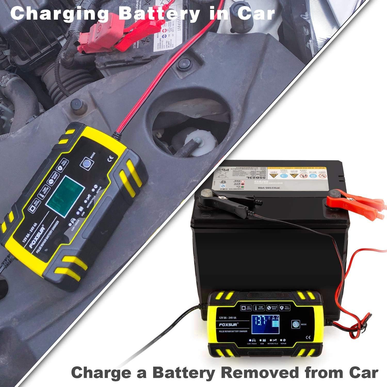 Car Battery Charger,12V/24V 8Amp Intelligent Automatic Battery Charger/Maintainer Delivers 3 Stage Charging, with LCD Screen and Have 6 Charging Mode, Suitable for More Types of Batteries