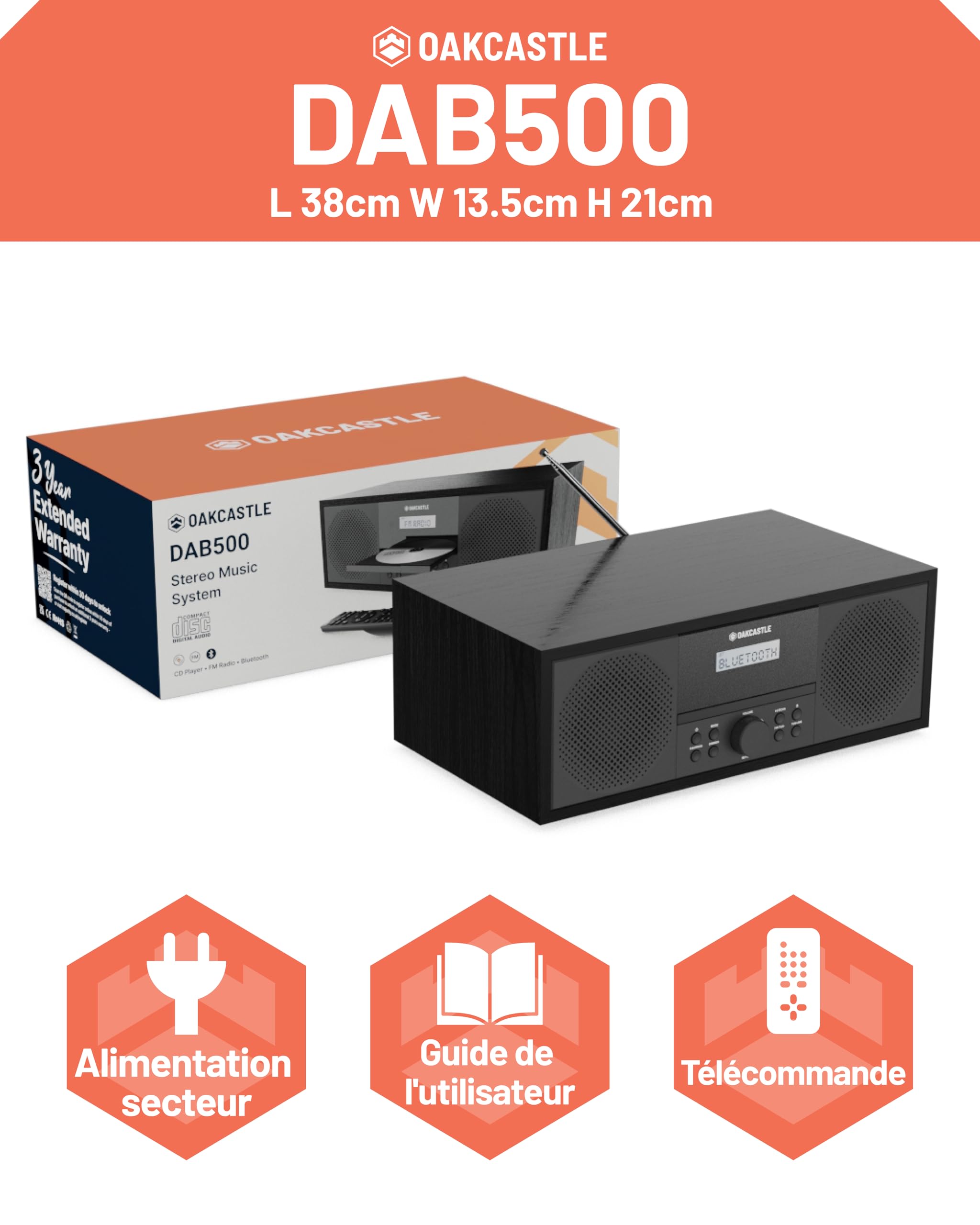 OAKCASTLE DAB500 Radio Dab+ Bluetooth Lecteur CD Système stéréo 60W pour Maison