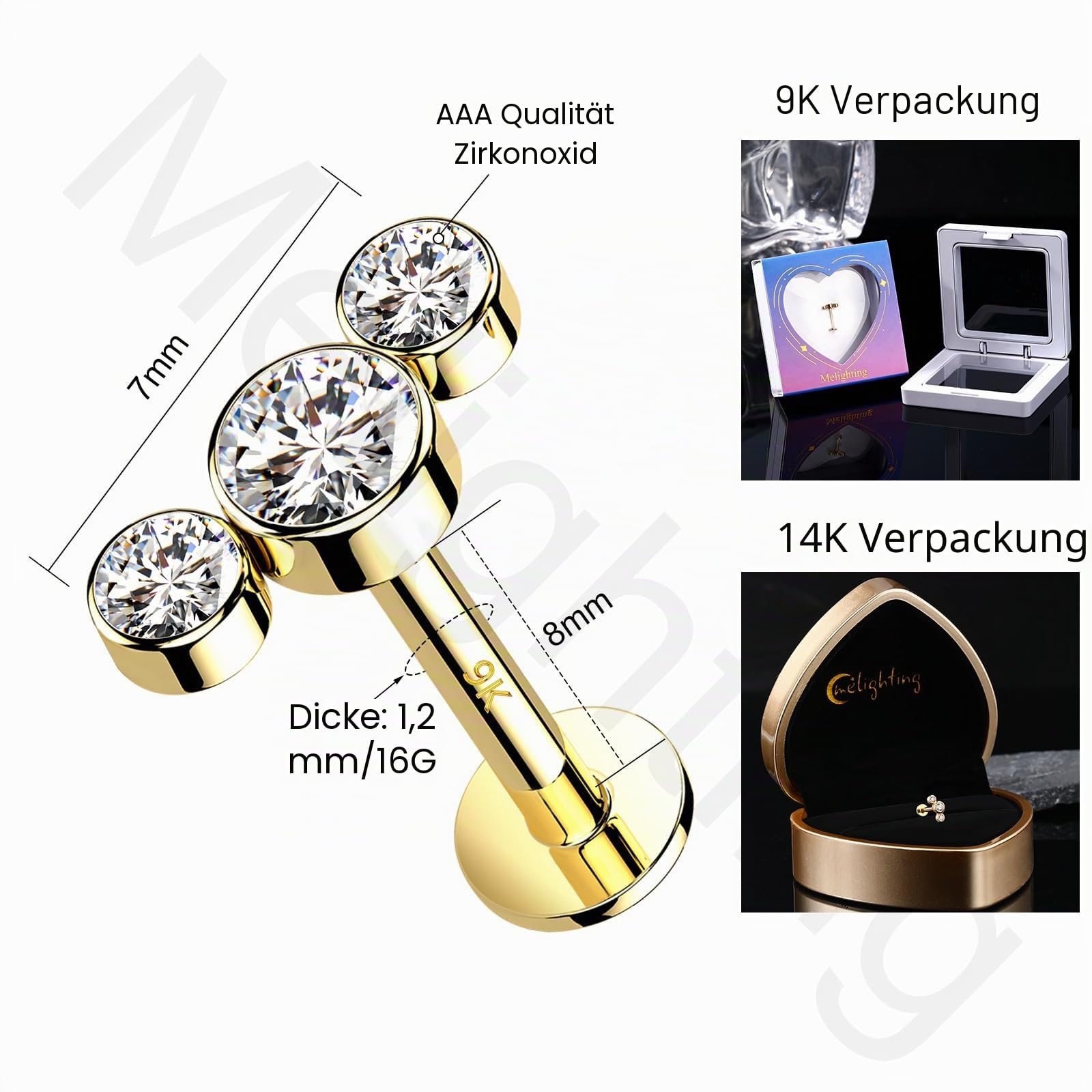 Melighting 9 K Gelbgold, gebogen, Spiral-Piercing, Schmuck, CZ, Knorpel, Ohrringe, Innengewinde, Labret-Piercing, 16 g, flache Rückführung, Ohrringe, Schnecke, Piercing, Schmuck