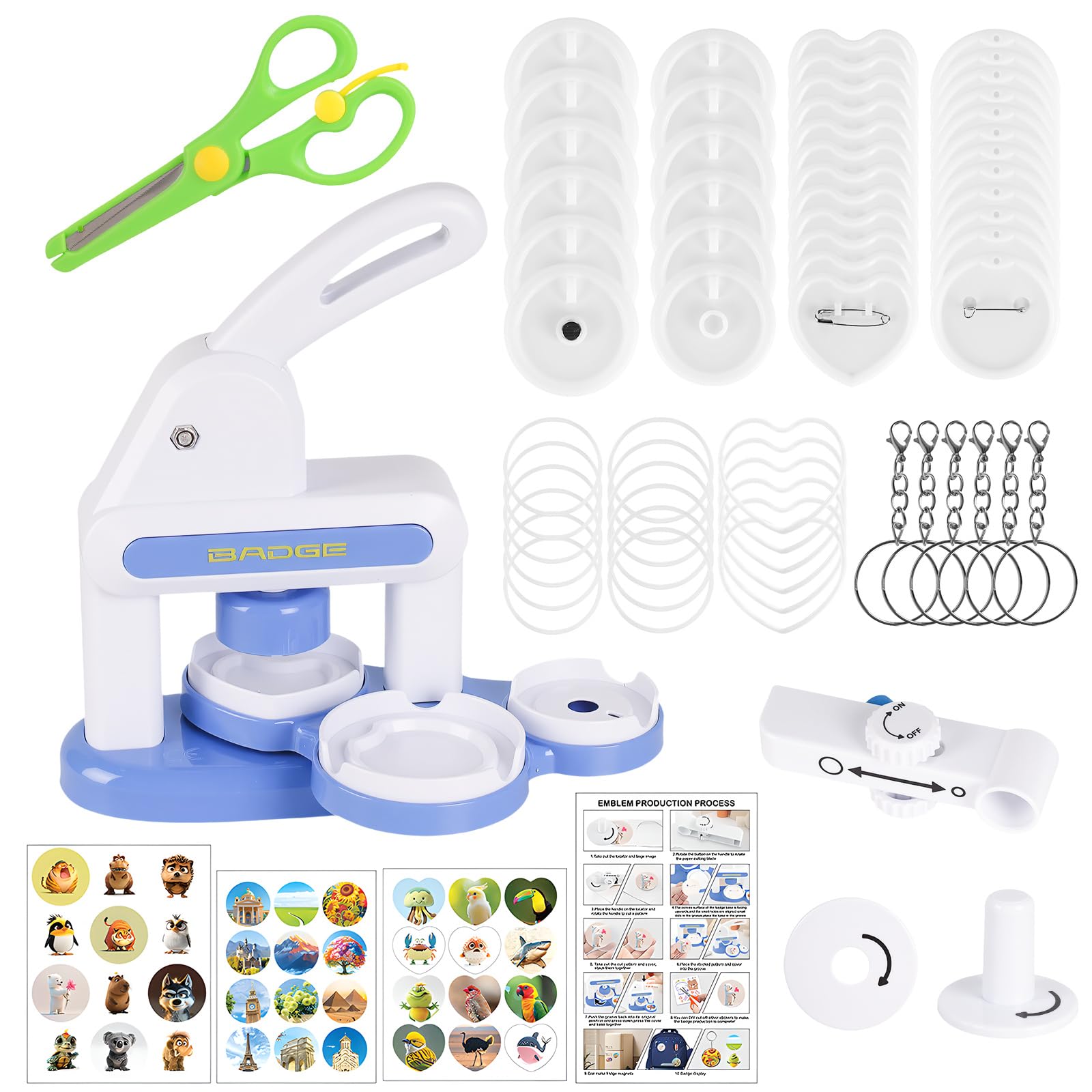 Badge Maker Machine, 35mm & 55mm Pin Maker Press Kit for Kids, Badge Making Kit with 72 Button Parts & 3 Stickers, Circle Cutter Included for Parties, Events and Gifts