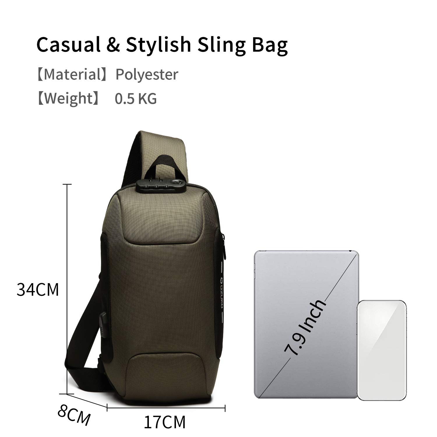 FANDARE Nouveau Sac de Poitrine Anti-vol Sac d'Epaule Sacoche Homme avec Verrou Mot de Passe,USB,Réfléchissante Sac Bandoulière Imperméable Sling Bag pour Cyclisme,Camping,Voyage Polyester