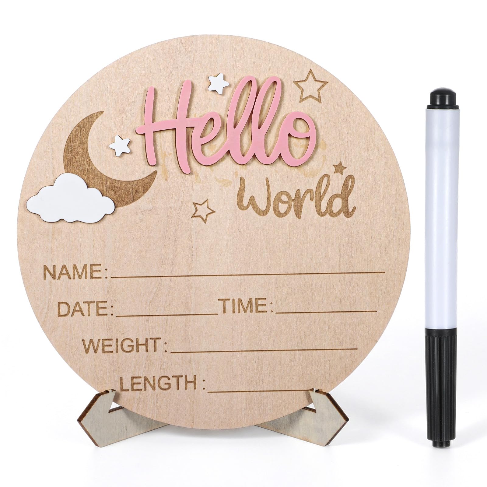 Personalised Newborn Baby Announcement Sign, Wooden 6 Inch Hello World Newborn Sign, 3D Moon Style Birth Details Board for Hospital & Nursery, New Baby Gift for Boys & Girls, Keepsake Decor(Pink)