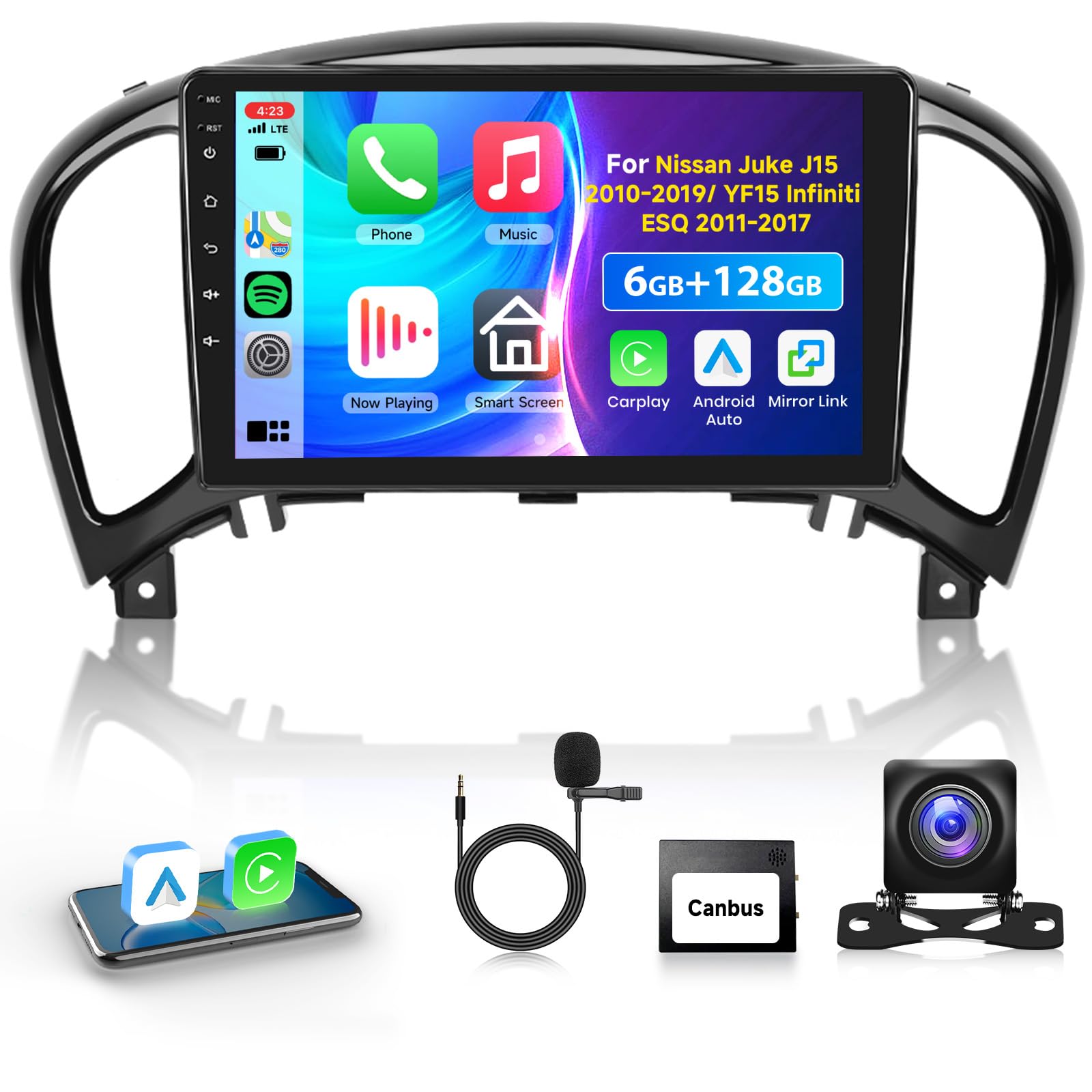 6G 128G VECHTEL 9" Autoradio Bluetooth per Nissan Juke J15 2010-2019/ YF15 Infiniti ESQ 2011-2017 Carplay Android Auto,DSP EQ,Wifi GPS Navi,RDS/FM Radio 2 din con Retrocamera AHD