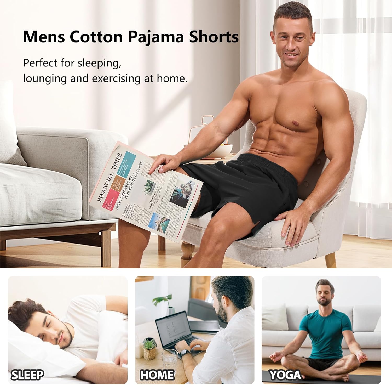 AMY COULEE Mens Lounge Shorts 4 inch Pajama Lightweight Cotton Sleep Bottoms with Pockets - Image 5