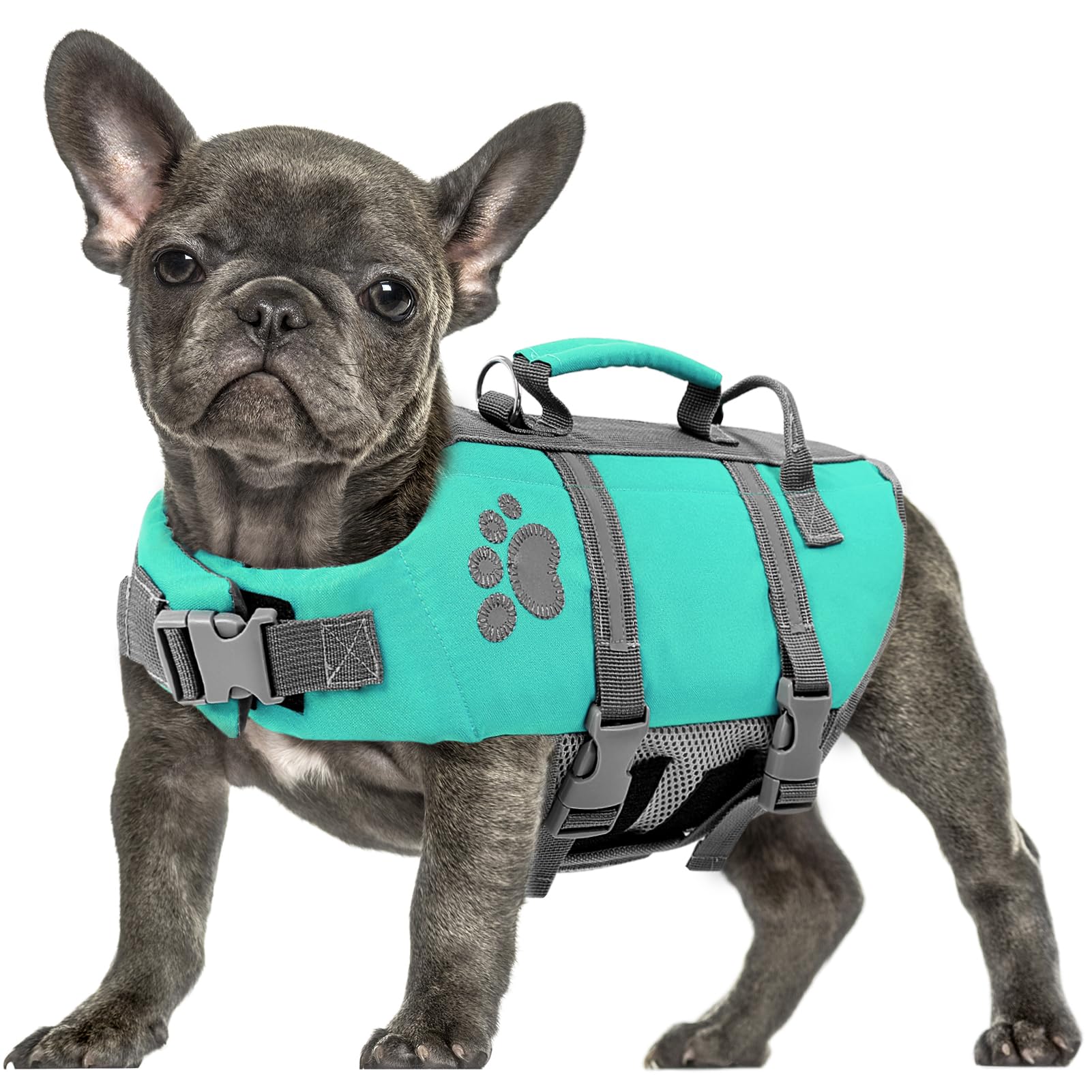 Queenmore Hundeschwimmweste Große Hunde, Ripstop Hunde Schwimmweste, Verstellbare Rettungsweste Hund Mit Griff, Reflektierende Schwimmweste Hund Französische Bulldogge, Kajak Bootfahren, Türkis, L
