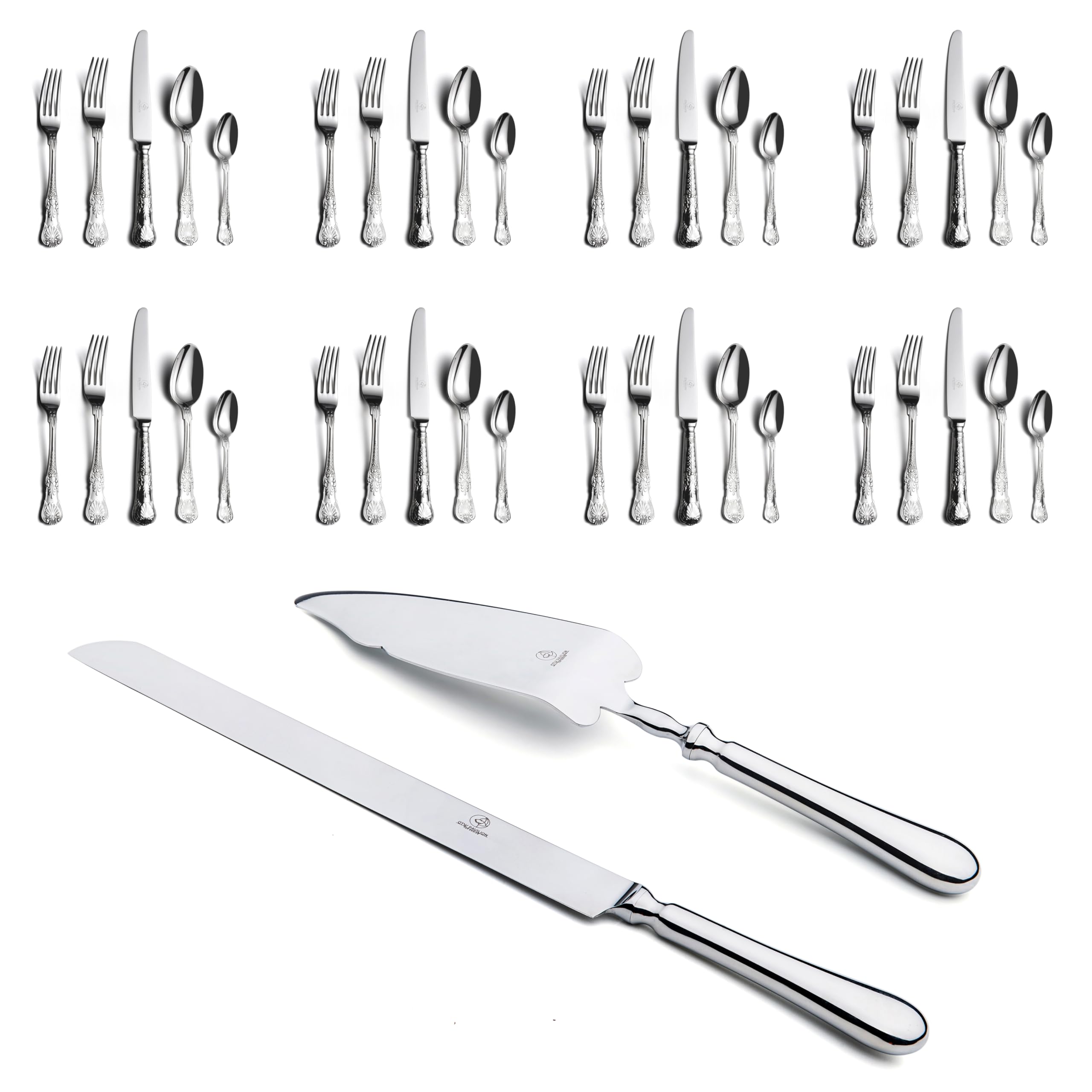 Wedding cake cutting set and 40 piece silverware set bundle, 18 10 stainless steel, flatware service for 8, Rust free, dishwasher safe