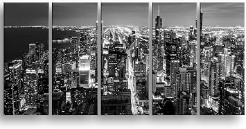 BoxColors Original XLARGE 30"x 70" 5 Panels 30"x14" Ea Art Canvas Print Chicago Aerial Skyline night Downtown Black & White Wall Home decor interior framed 1.5" depth