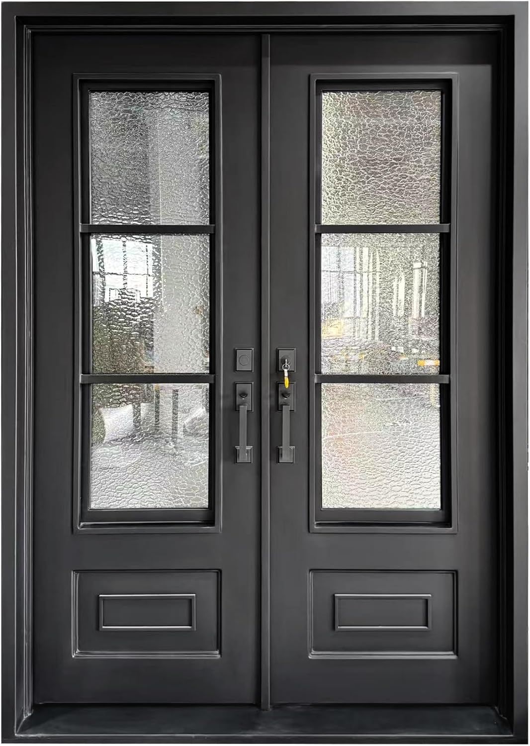 CHETTO C 68''Wx96 H Hand-Forged Wrought Iron Double Doors Hurricane-Resistant Right-Hand Opening Triple-Pane Impact-Resistant Glass (Hurricane-Proof Material) Matte Black