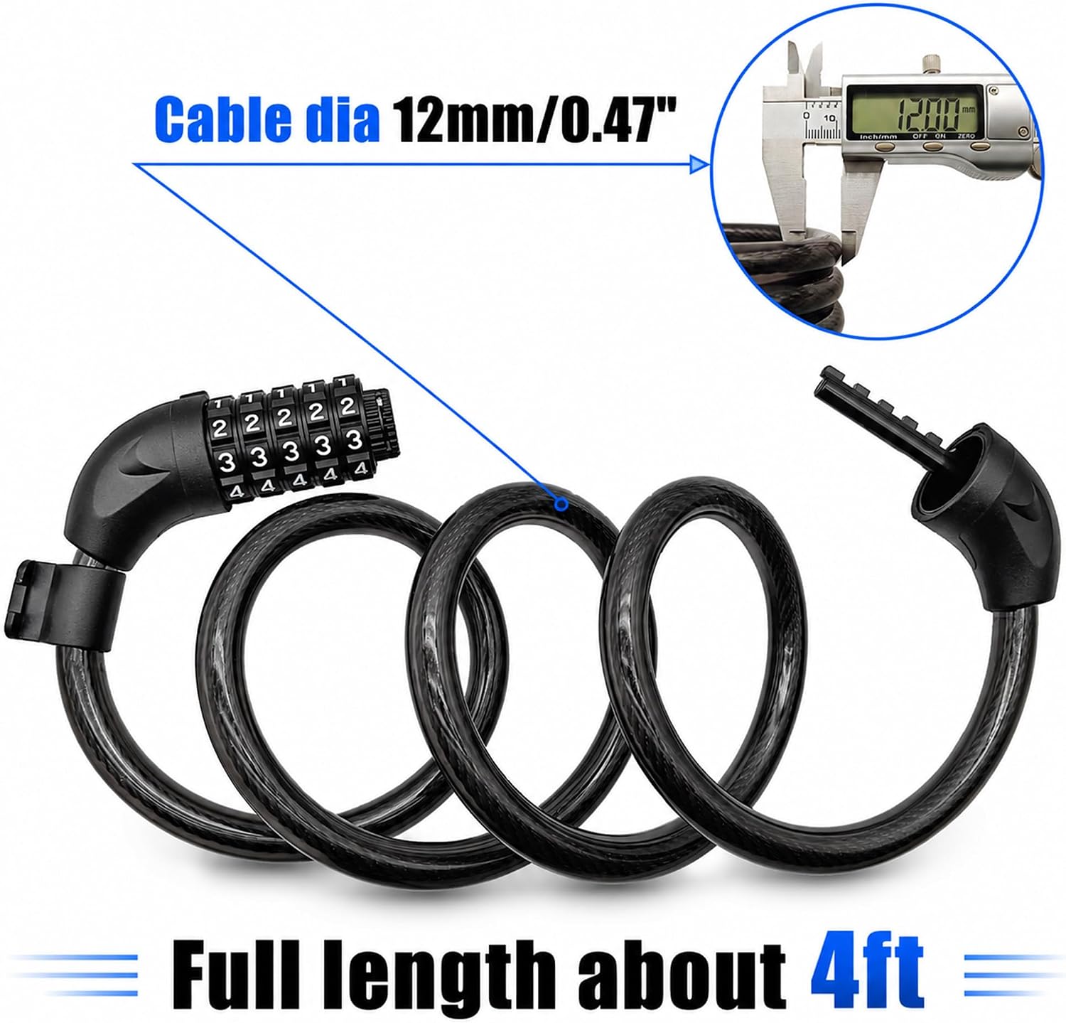 Bike Lock, 4 Feet Bicycle Lock, Heavy Duty Anti Theft 5 Digit Combination Lock, Bike Cable Lock with Mounting Bracket, Bicycle Cable Lock for Road Bike Mountain Bike Scooter