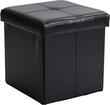 Simplify Faux Leather Folding Storage Ottoman | Single | Collapsible | Tufted Padded Seating | Foot Rest | Bench | Toy Box | Black