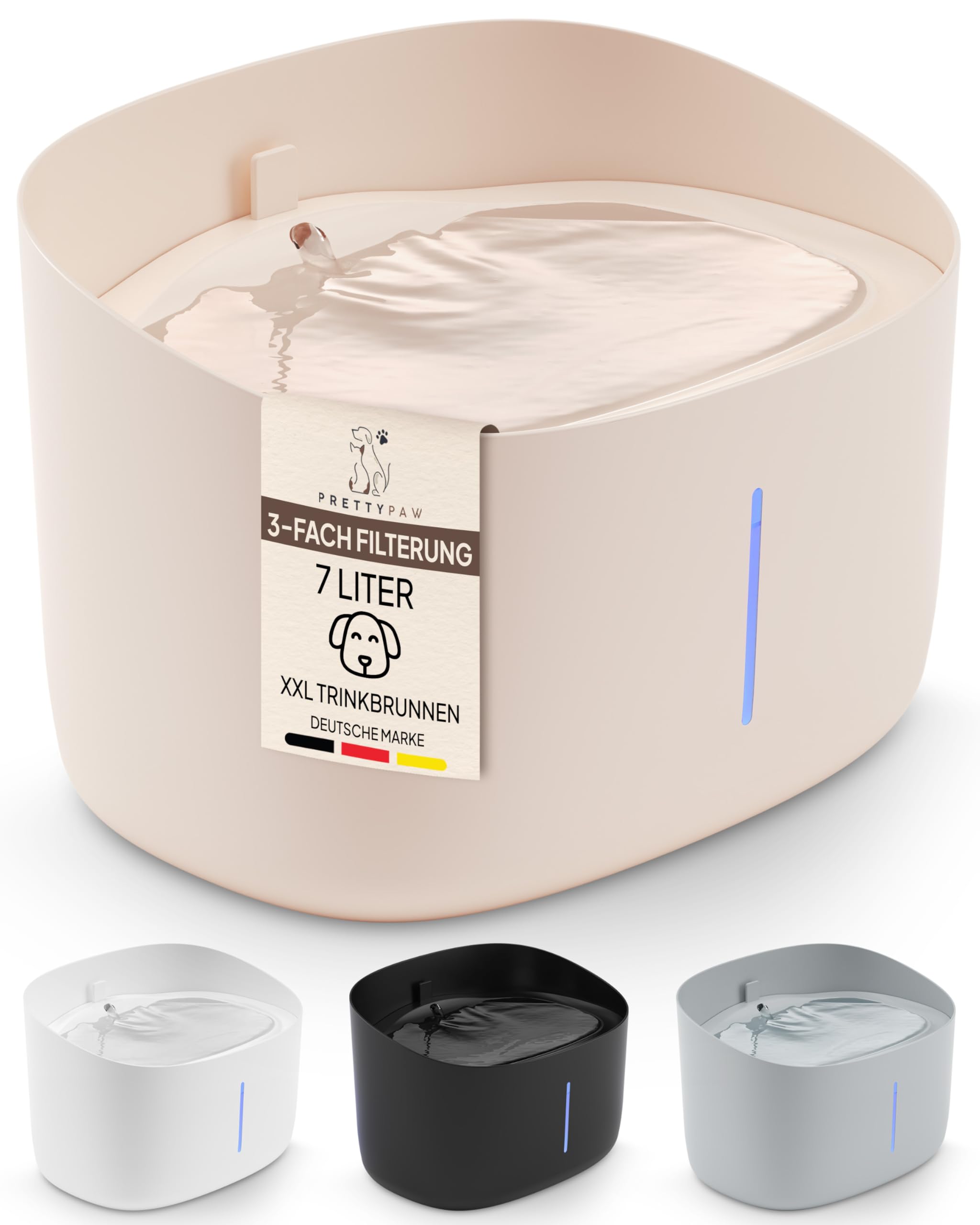 Pretty Paw Trinkbrunnen für Hunde mit 7L Wassertank - Super leiser Hunde Trinkbrunnen - BPA-freier Hundebrunnen mit Filter & LED - Leicht zu reinigender Dog Wasserspender