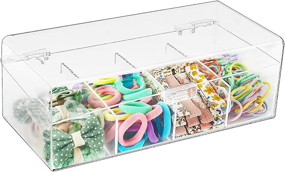 JessLab Hair Accessories Organizer for Girls, Acrylic Hair Bow Tie Clip Scrunchie Holder with Dividers, Clear Stackable Storage Box for Bathroom, Bedroom, Vanity Countertop 4 Compartment