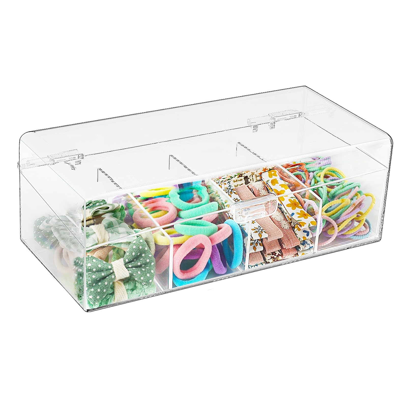 JessLab Hair Accessories Organizer for Girls, Acrylic Hair Bow Tie Clip Scrunchie Holder with Dividers, Clear Stackable Storage Box for Bathroom, Bedroom, Vanity Countertop (4 Compartment)