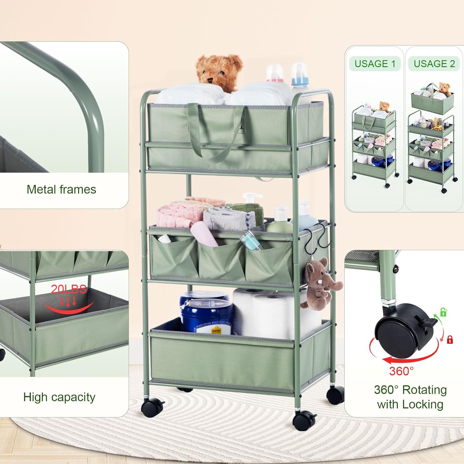Honeydak 2in1 Baby Diaper Caddy Organizer Cart 3 Tier Large Capacity Metal Utility Bedside Rolling Cart with Divider Newborn Registry Nursery Essential Must Have Crib Bedroom Baby Shower(Green)