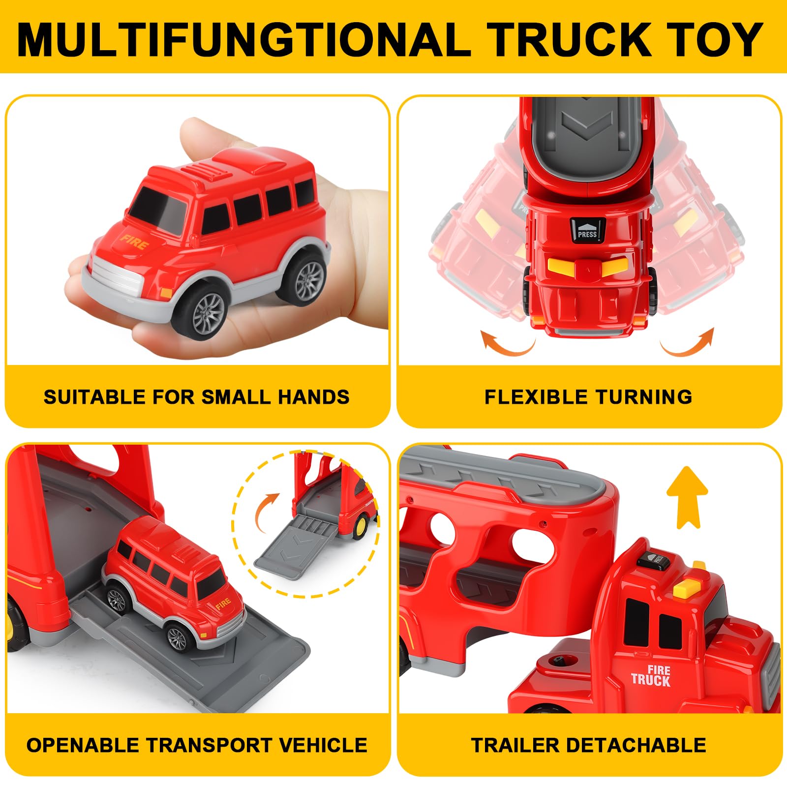 Camion Bomberos Juguete,7 en 1 Camiones de Juguete para Niños de 2-6 Años,Camion Transportador de Coches con Luces y Sonidos,Coche de Juguete de Fricción con 2 Pegatinas,Regalo para Niños