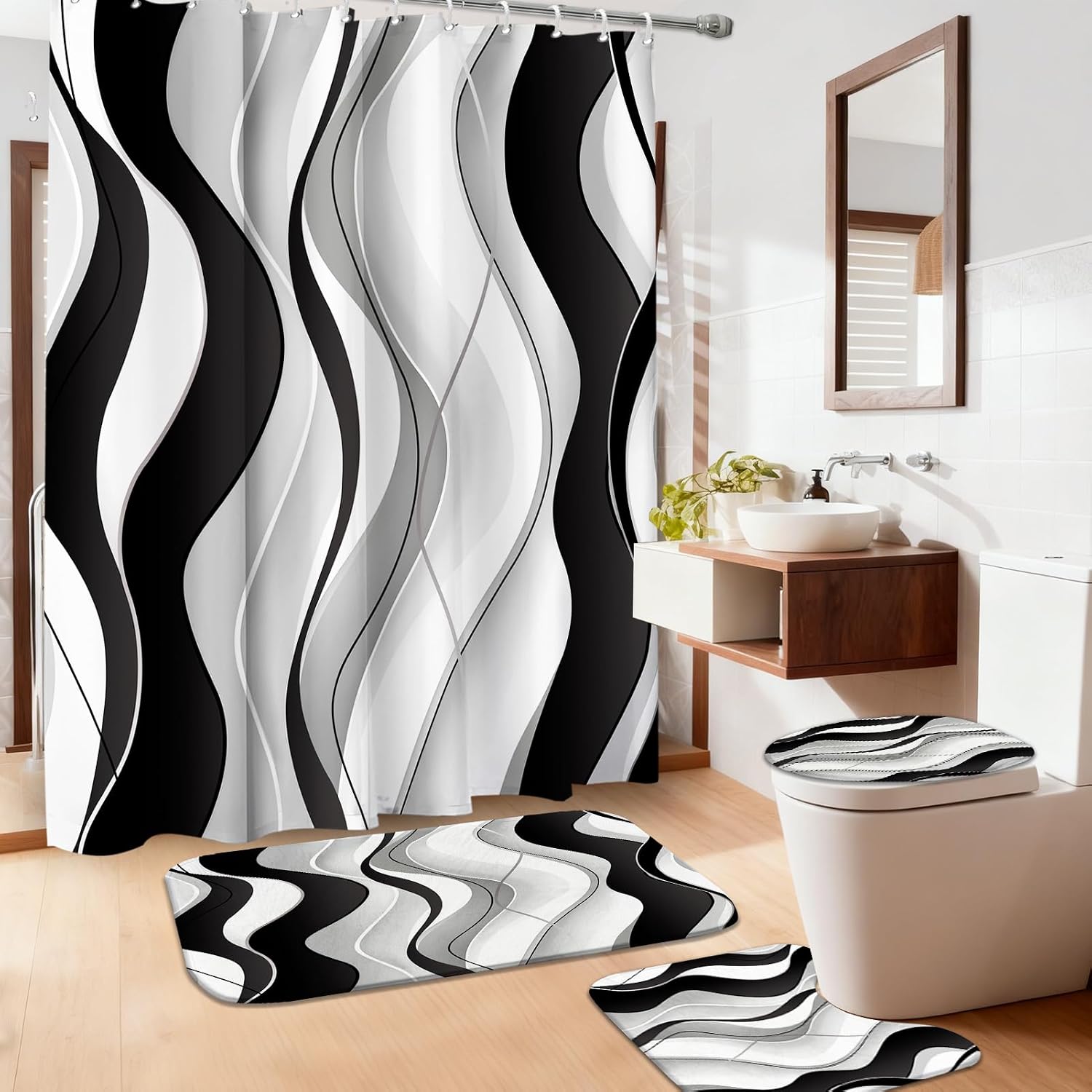 4 Pcs Black and White Bathroom Sets with Shower Curtain and Rugs,Black and Grey Shower Curtain Set with Bath Rugs,Modern Striped Bathroom Decor Set with 12 Hooks