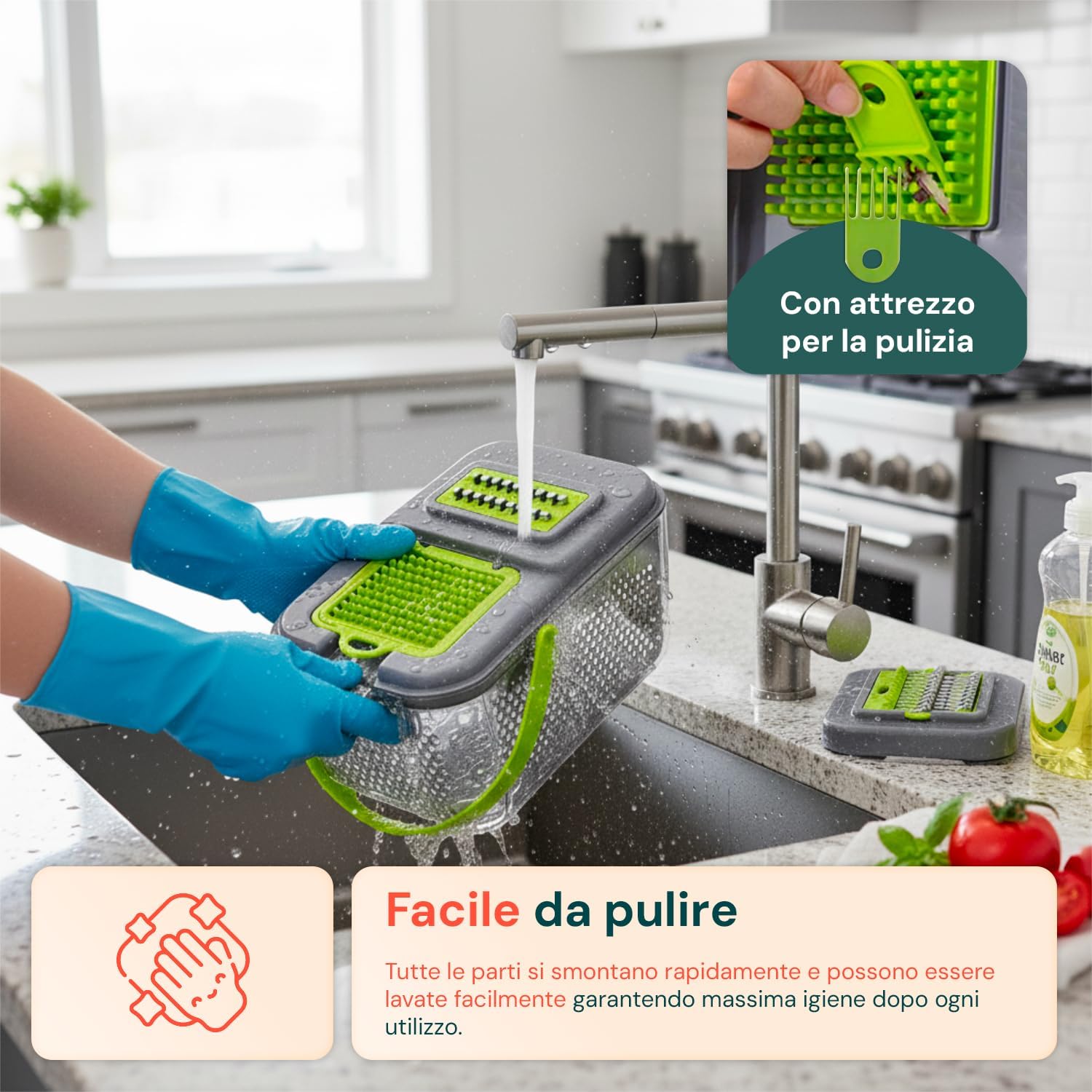 Multifunctional Vegetable Slicer with 7 Interchangeable Blades, Built-in Container for Slicing and Chopping, Safe Kitchen Use, Fast and Precise Cutting for