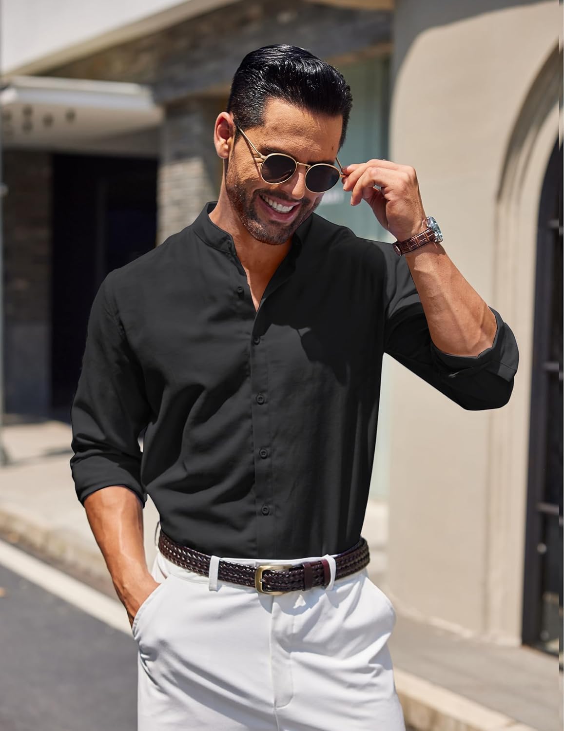 COOFANDY Men's Long Sleeve Oxford Dress Shirts Chambray Button Down Shirt Casual Band Collar Shirts - Image 2