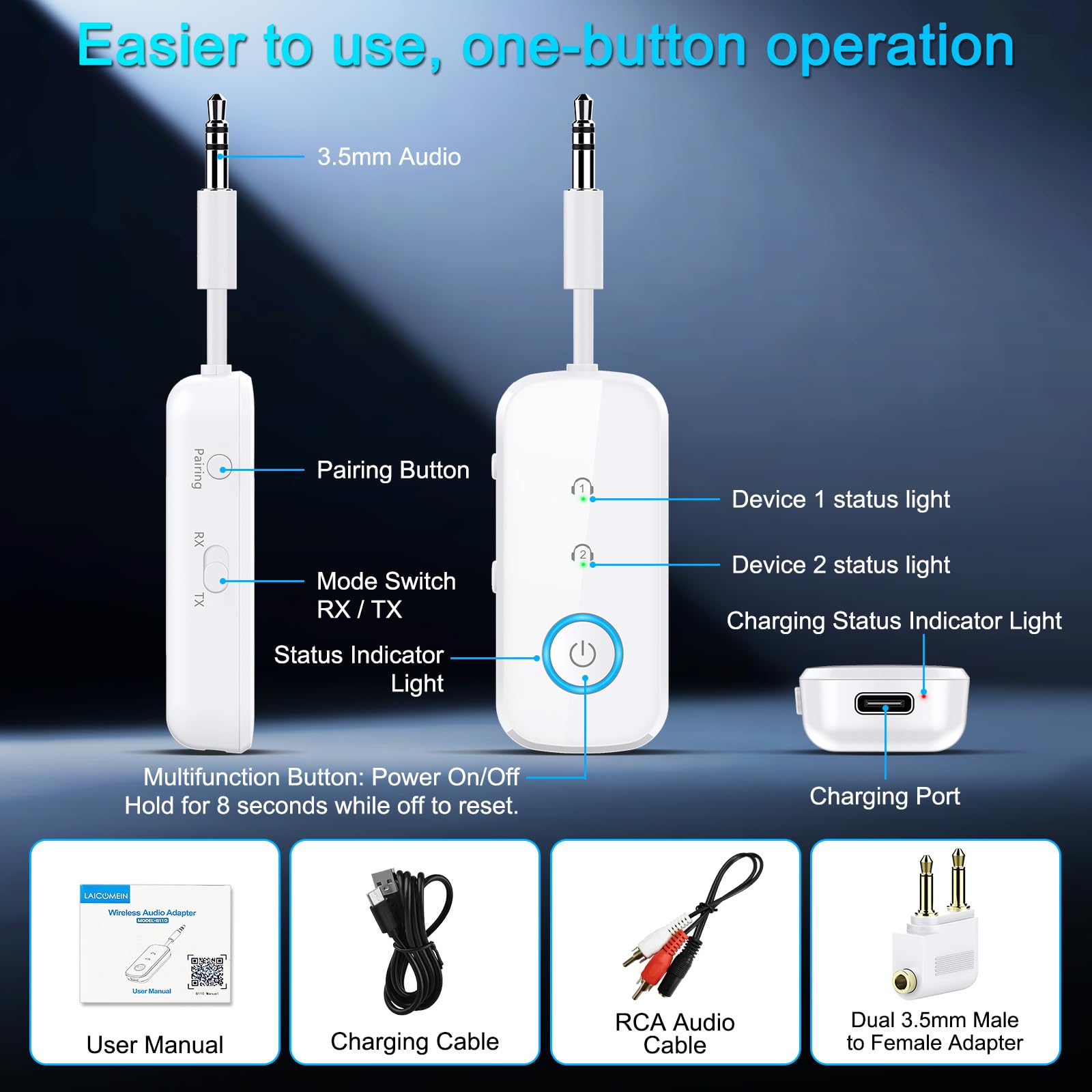 Receptor transmisor Bluetooth 5.4 2 en 1, adaptador de audio de avión, transmisor inalámbrico para TV, PC, gimnasio, interruptor, soporta hasta 2 AirPods, auriculares, receptor Bluetooth para coche y