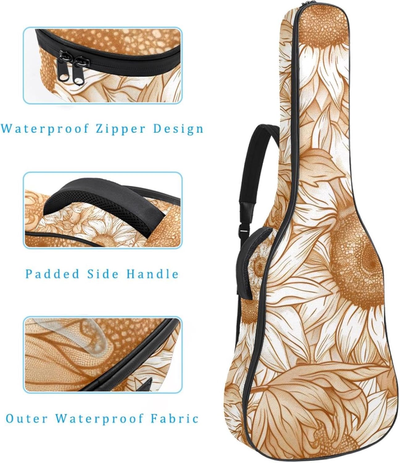 40 41 42 Inch Guitar Bags, Waterproof Padded Acoustic Guitar Case Backpack with Adjustable Shoulder Strap & Pockets, Sunflowers Seamless Doodle Pattern