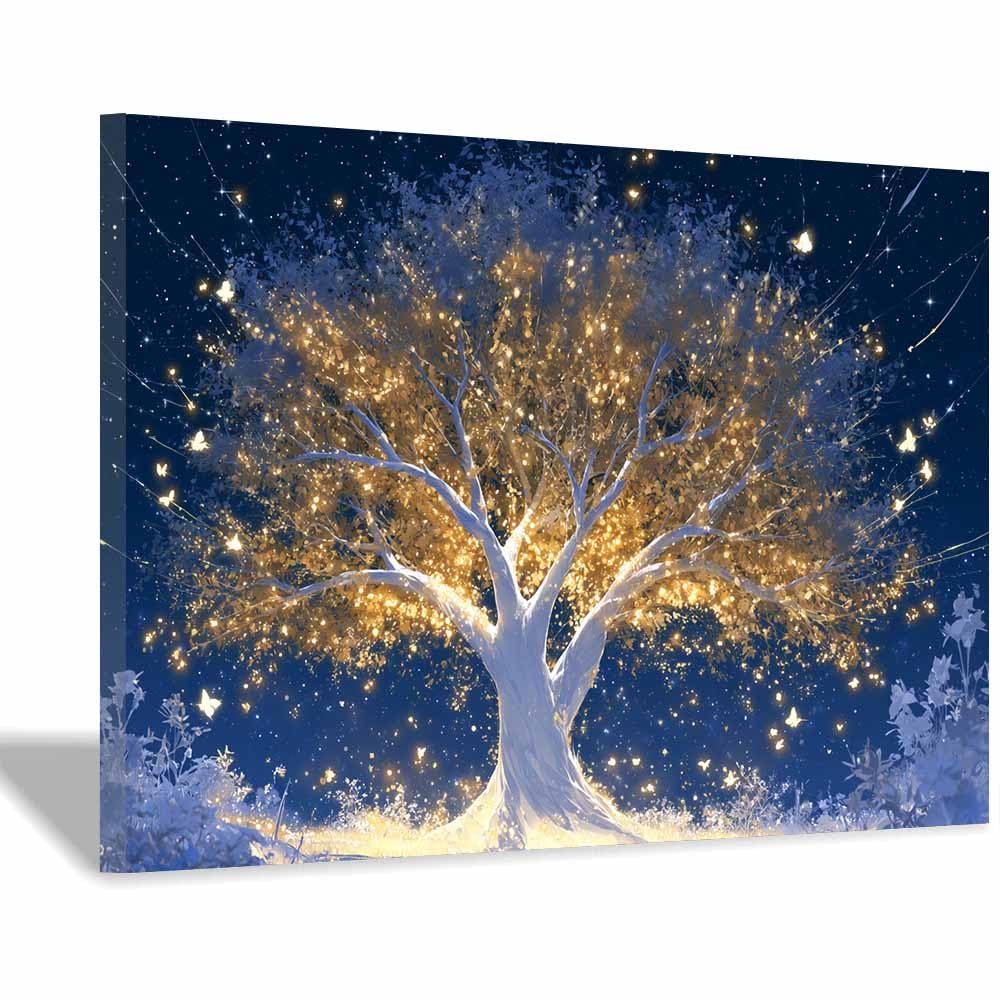HOQIU Tree Of Life Wall Art Cream Golden Foliage canvas prints, nature wall art, for Bathroom Home Office Decor(Multicolor)-60x80cm Framed
