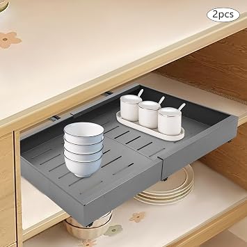 2pcs Pull Out Cabinet Organiser Storage Shelves 32cm-52cm Extendable Slide Out Drawer 15kg Capacity, Telescopic Drawer for Kitchen Cabinets Cupboards, No Punch (Grey)