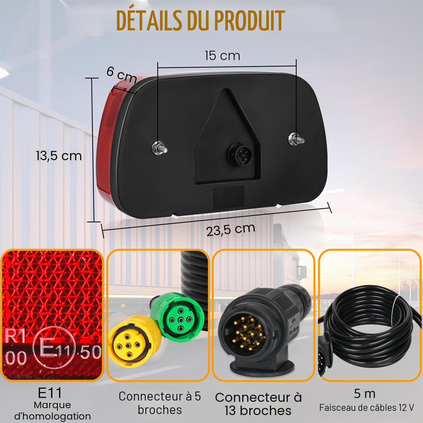 Warmfay Feux arrière de remorque 12 V universel pour remorque fiche 13 broches jeu de câbles 5 m éclairage E11 homologué