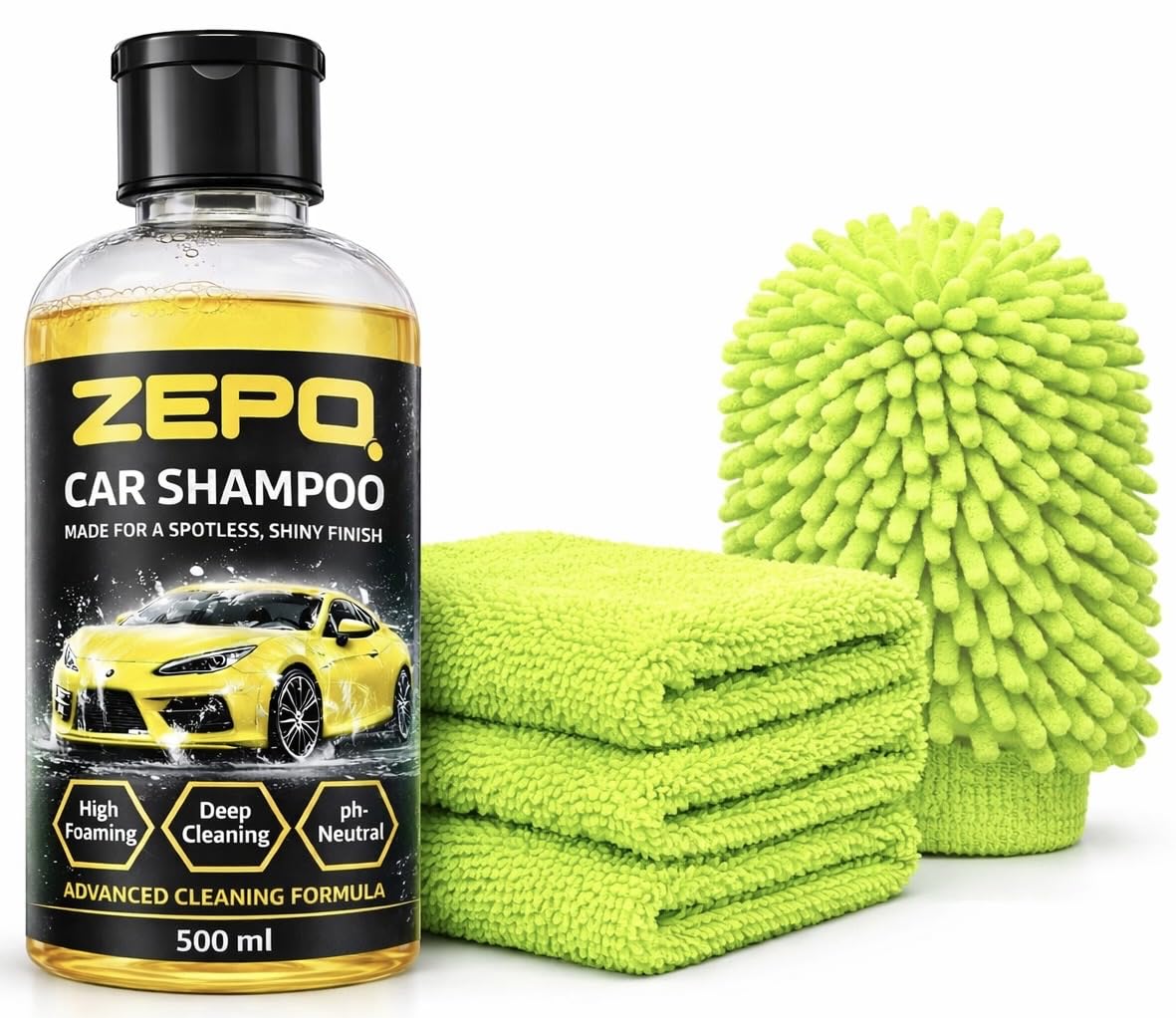 ZEPQ High Foaming Car Wash Shampoo pH Neutral 500 ml with Microfiber Cloth & Wash Glove | Deep Cleaning Foam | Removes Tough Dirt | Safe on Car Paint & Clear Coat-image-23