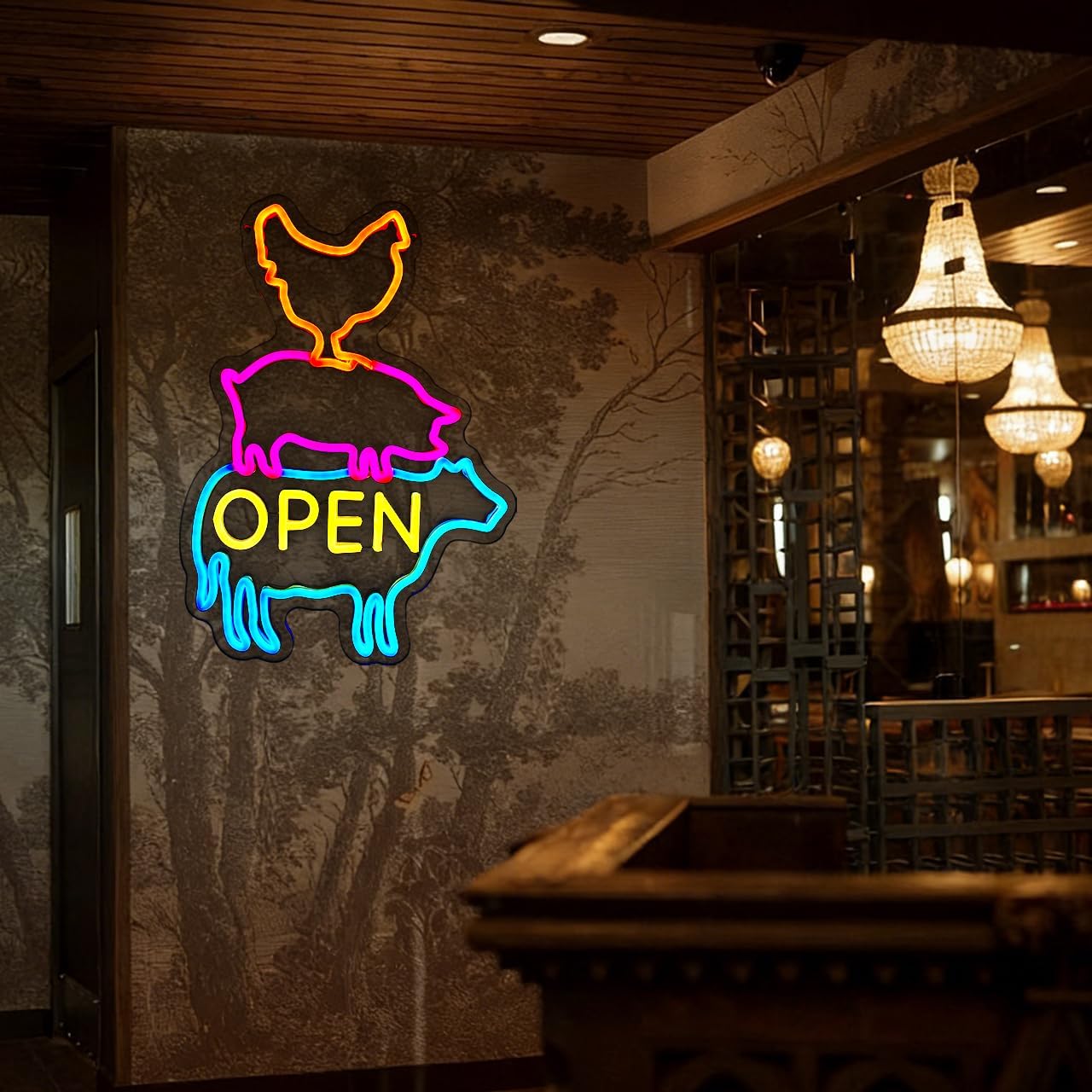 Farm Open Neon Sign Chicken Pig Cow Led Light for Chicken Coop Supermarket, Dimmable Farm Animal Meat ket Fast food Sign for Farmhouse Butcher Shop Decor