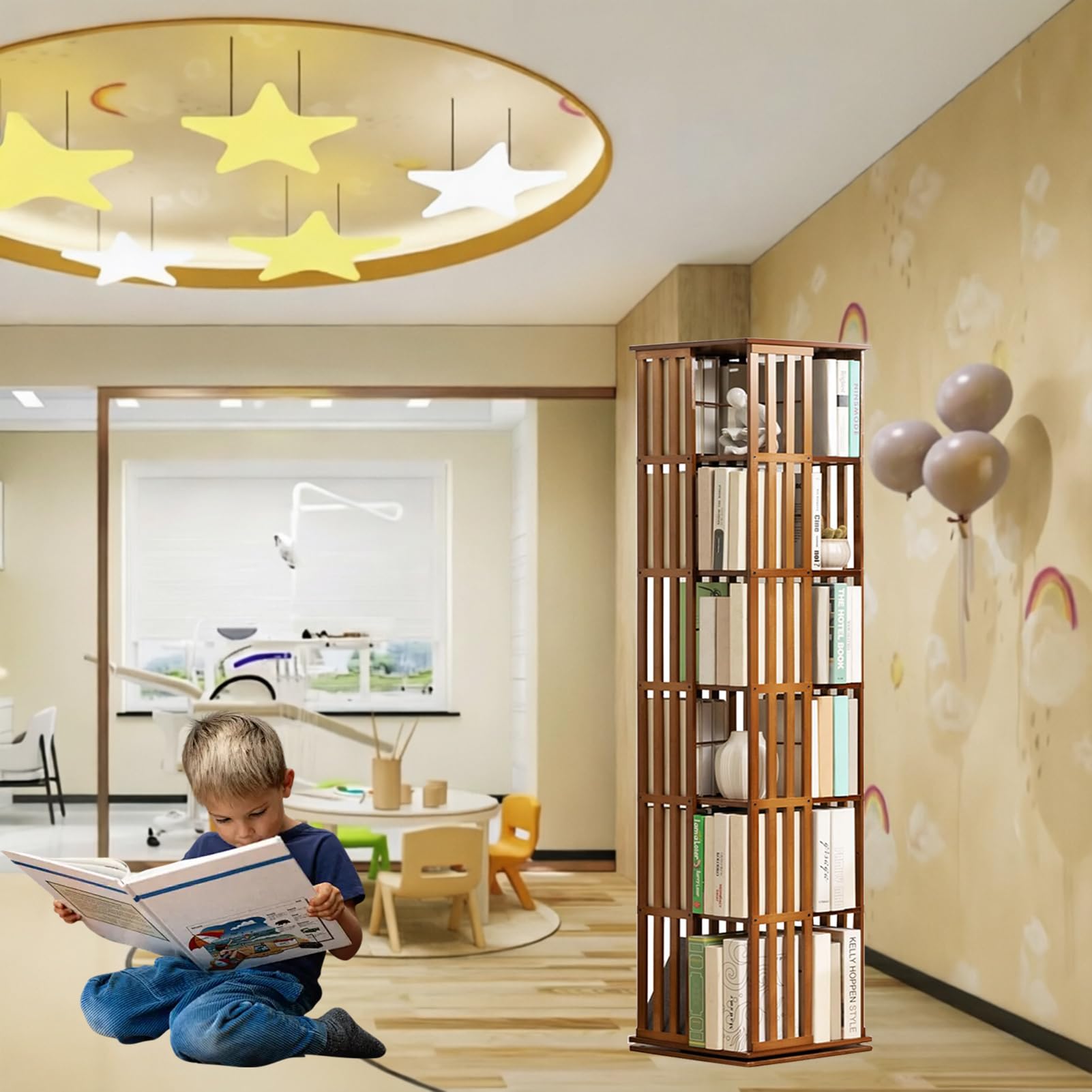 Estantería Giratoria de Bambú 360° Librería Giratoria (6to Piso) | Estantería Librería Alta de Pie Libreria Madera de Estudio y Biblioteca pie para niños y Adultos Mueble Almacenaje Multiusos