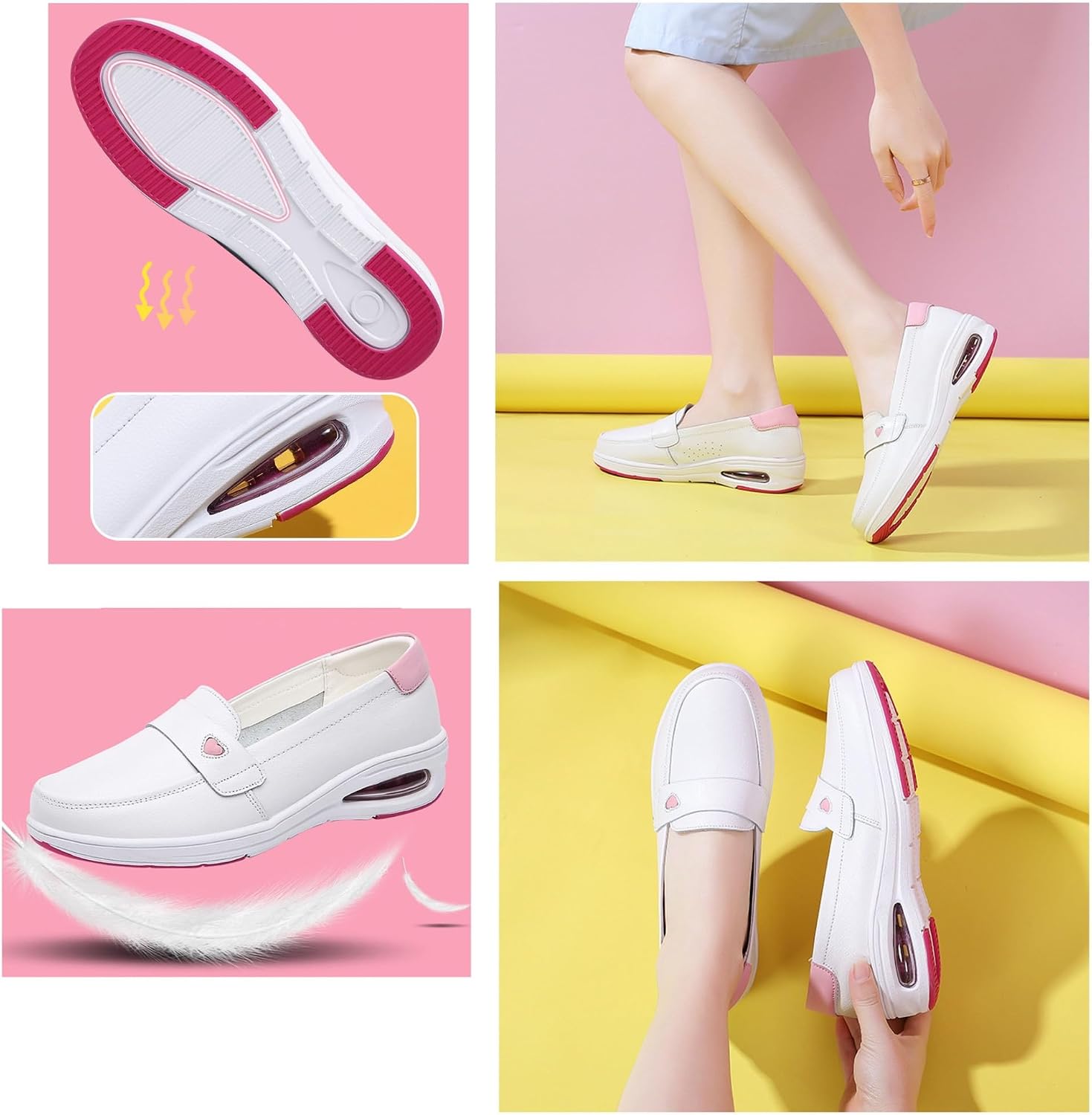Yytcsjz Womens Leather Slip-On Loafers, Women's White Air Cushion Comfort Walking Non Slip Nursing Shoes, Platform Wedges Breathable Walking Shoes Women, for Hospital Nurse Doctors