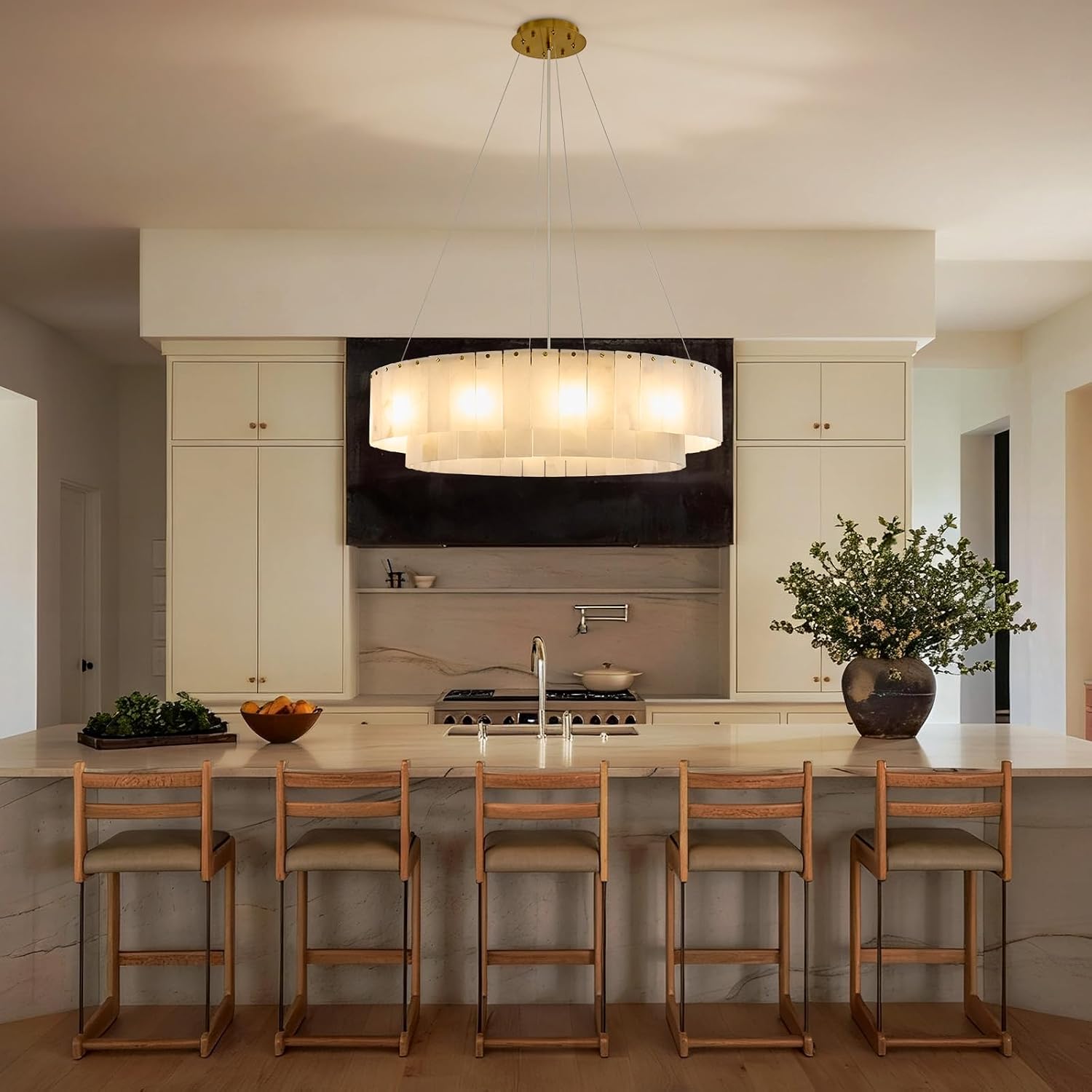 Alabaster Modern Luxury Round Chandelier: 31" Natural Marble Brass Gold Dining Room Light Fixture - 2 tiered Large Drum Pendant Chandeliers for Living Room Bedroom Kitchen High Ceiling Entryway Foyer