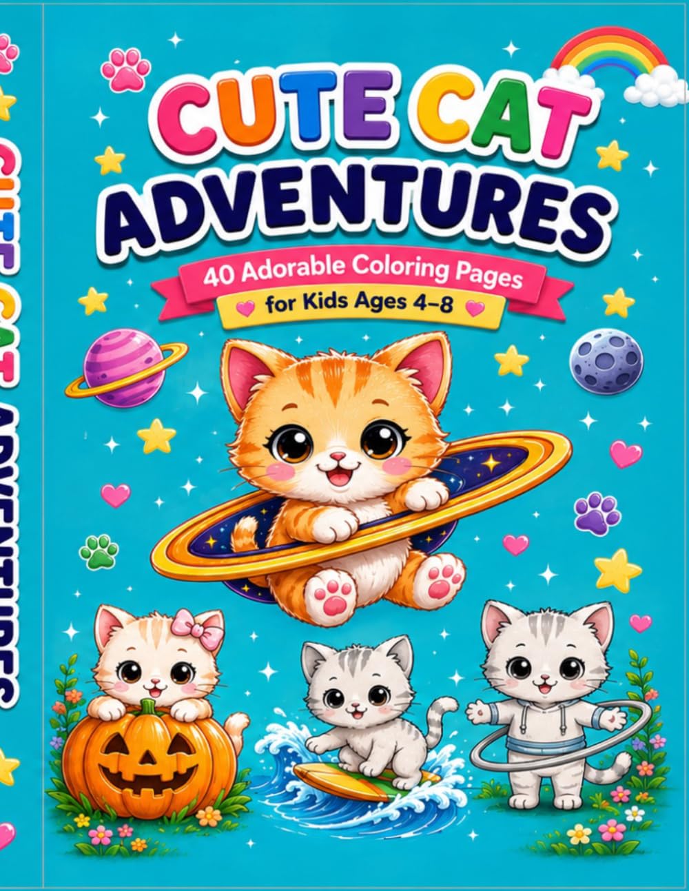 Cute Cat Adventures Coloring Book: 40 Adorable Coloring Pages for Kids Ages 4-8