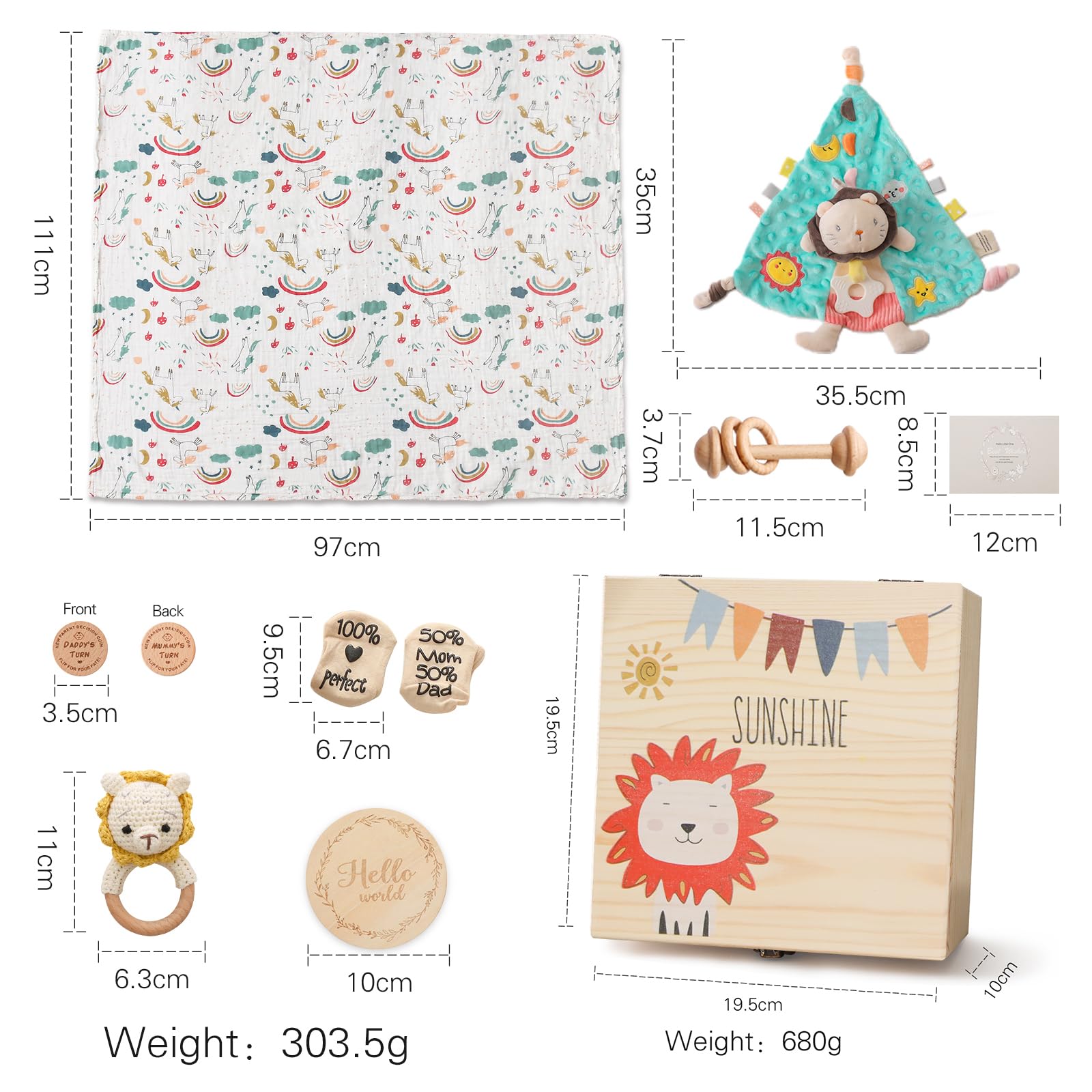 Youuys 8 in 1 Regalo per Neonati, Regalo per Bambini e Bambino, Regalo di Compleanno per Bambino, Regalo di Natale, con Musellina di Stoffa+Panno Cotone+ Sonaglio+Cartolina Regalo (Leone)