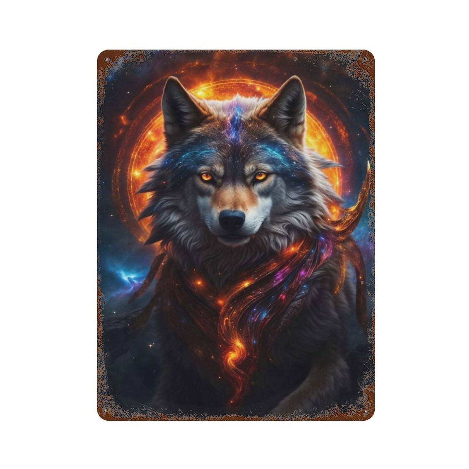 Wolf Night Galaxy Vintage Wall Sign 15.7"x11.8", Rust Effect Metal Decor for Farmhouse, Kitchen And Entryway Decor