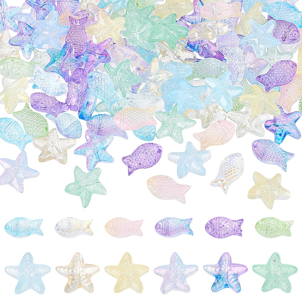SUNNYCLUE 1 Box 120Pcs Fish Shaped Beads Glass Starfish Beads Transparent Summer Beach Ocean Sea Animal Marine Life Charms Loose Spacers for Bracelets Jewellery Making DIY Necklace Earring Crafting — image 1