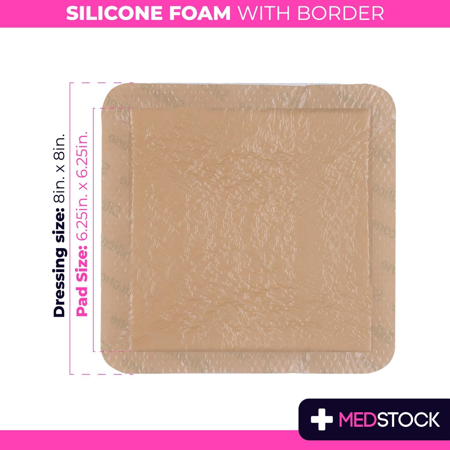 MEDSTOCK Silicone Foam Dressing with Border, 8"x8" (Pack of 5), Wound Care, Super Absorbent, Atraumatic Removal, Five Layers, Waterproof, Seals Wound Edges, No Adhesion Loss