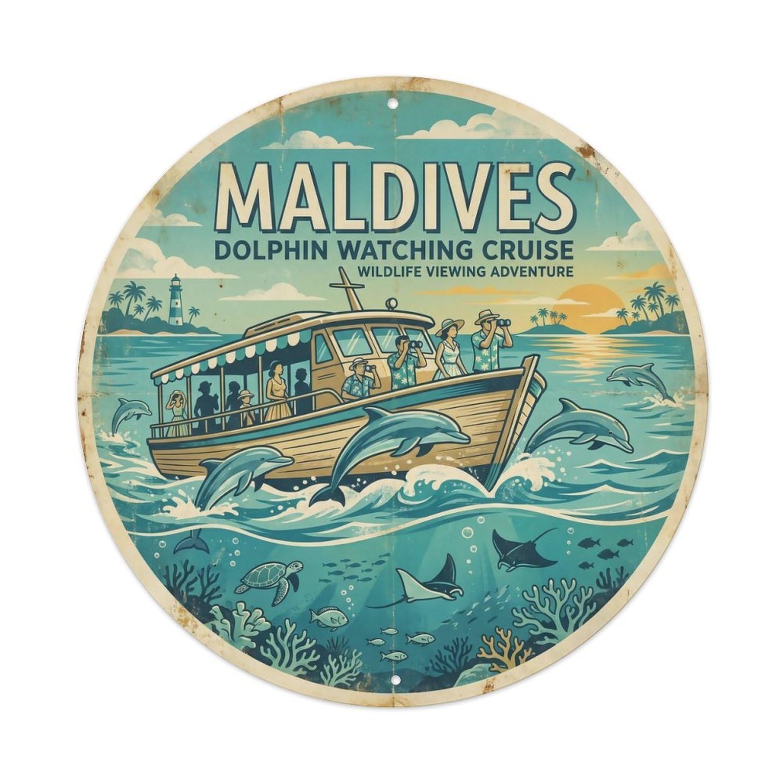 Odgynaw 8X8inch(20X20cm) Maldives Dolphin Island Cruise Coral Reef Marine Metal Tin Sign