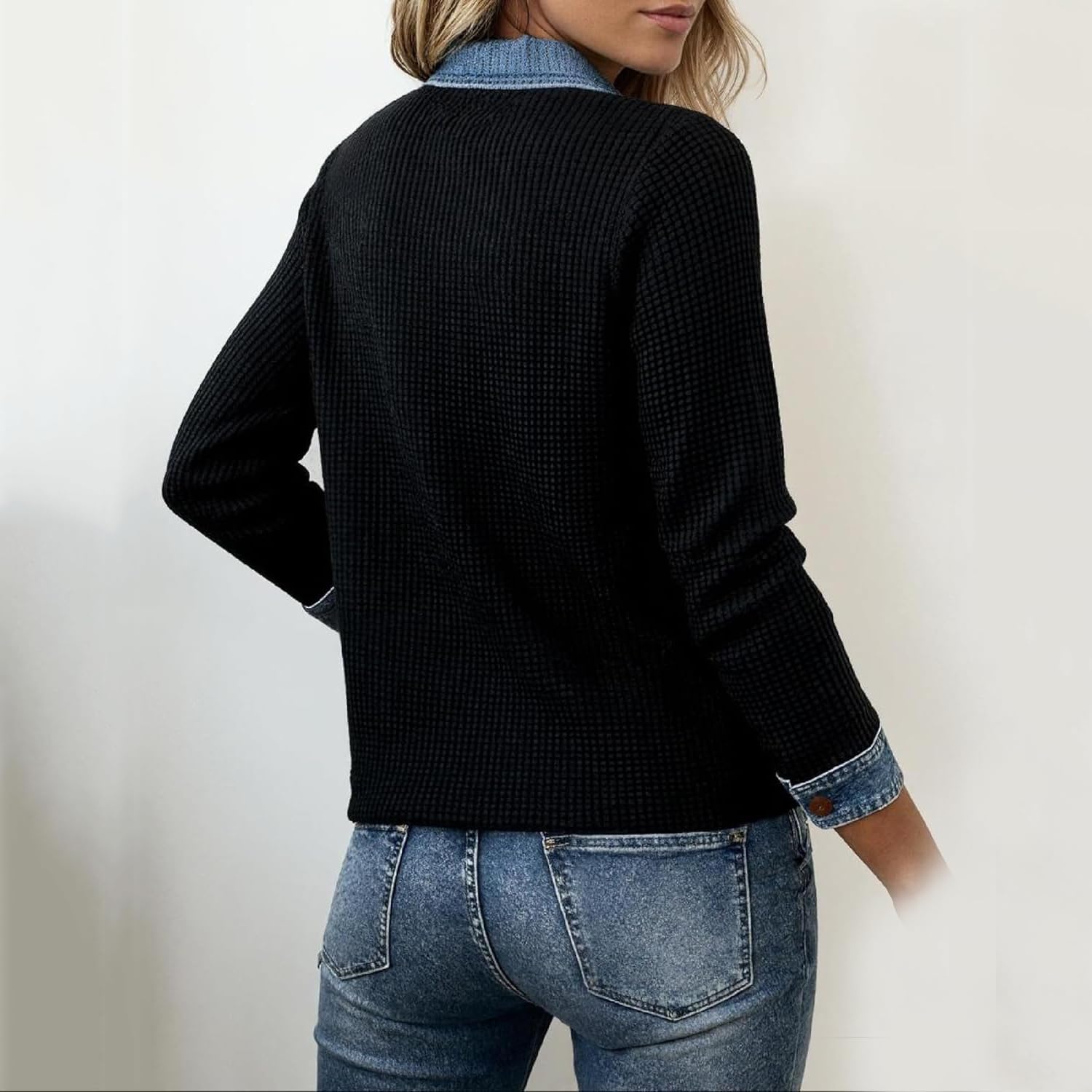 Sudadera Vaquera Patchwork para Mujer, Manga Larga, Cuello en V con Solapa Vaquera, Cierre de Botones, Estilo Pullover, Top Informal de Punto gofre