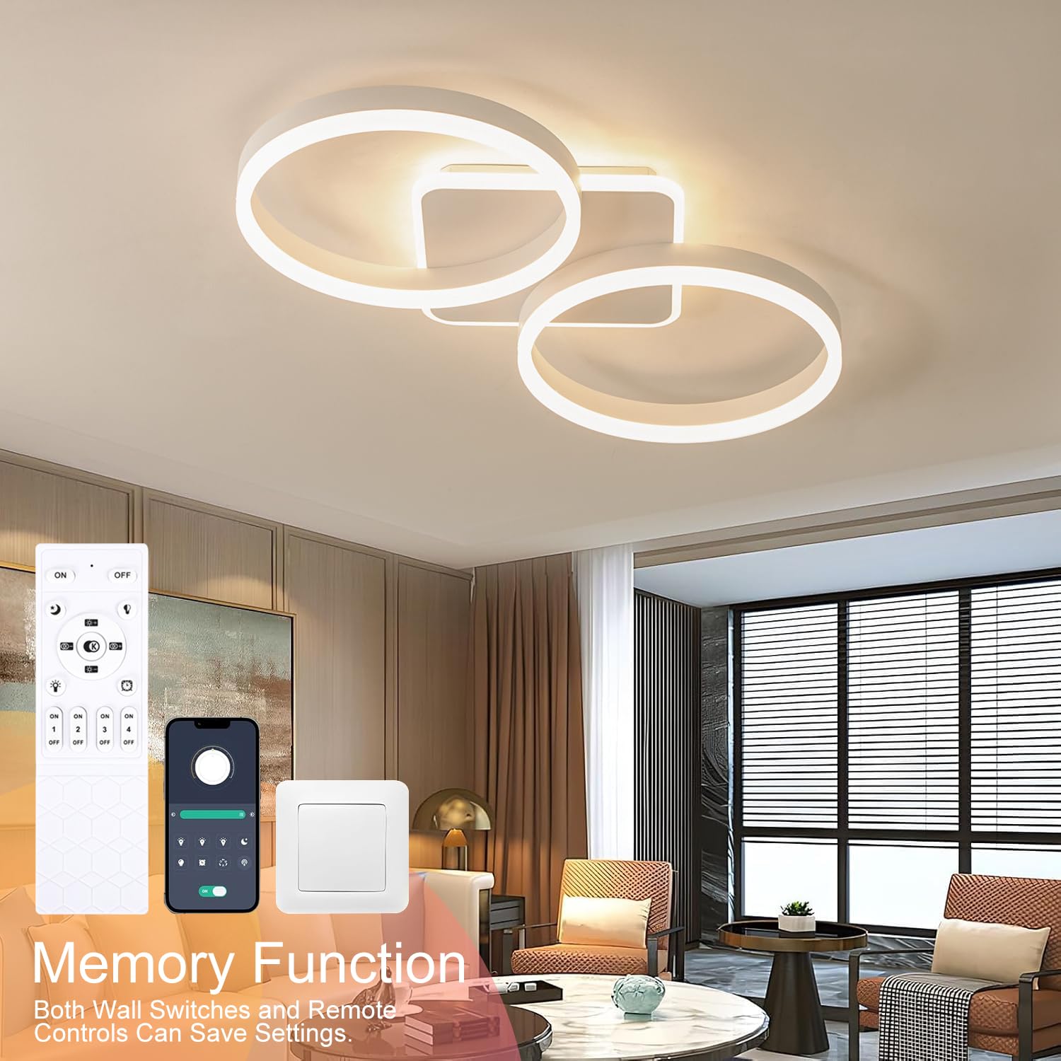 LED Deckenleuchte Dimmbar Wohnzimmer 42W Deckenlampe Weiß 65cm | Modern 2-Ring Design Deckenbeleuchtung mit Fernbedienung APP und Nachtlicht Memory-Funktion für Schlafzimmer, Büro, Esszimmer