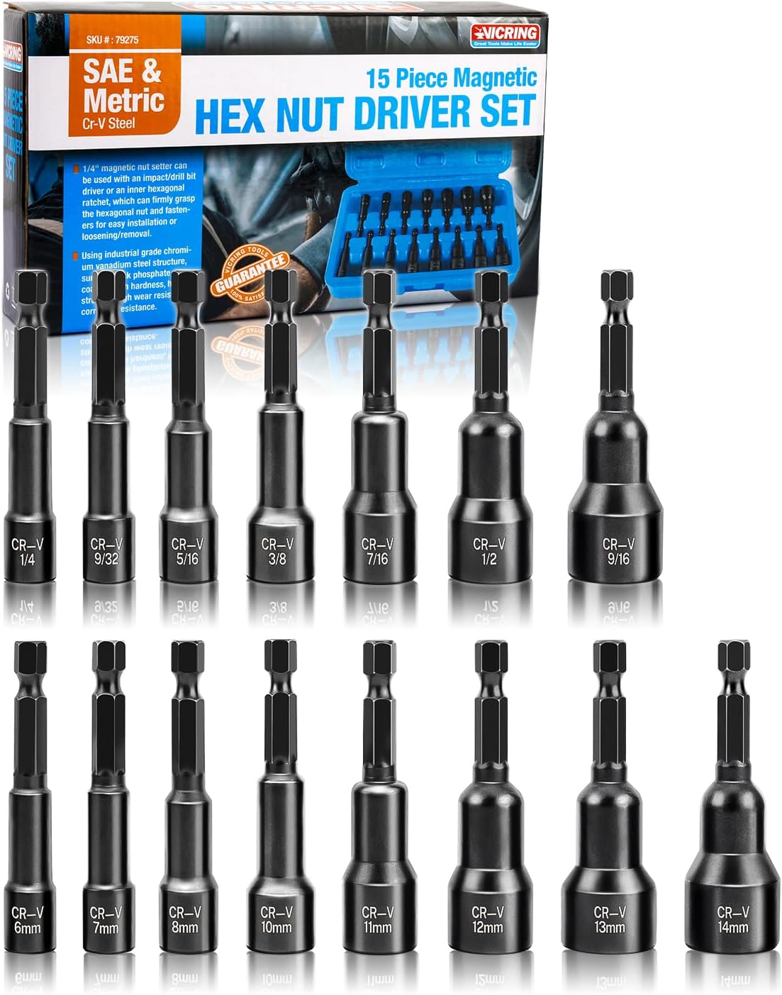 14-Piece Power Nut Driver Set – Metric & SAE, 1/4" Shank, Black Finish