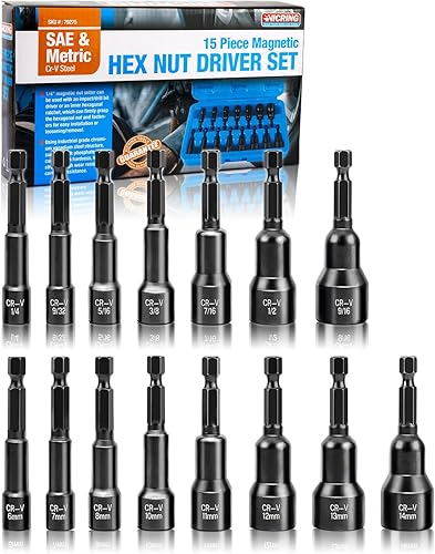 Vicring Juego de destornilladores magnéticos de tuercas de impacto, SAE (14 a 916 pulgadas) y métrico (0.236-0.551 in)  acero al cromo vanadio