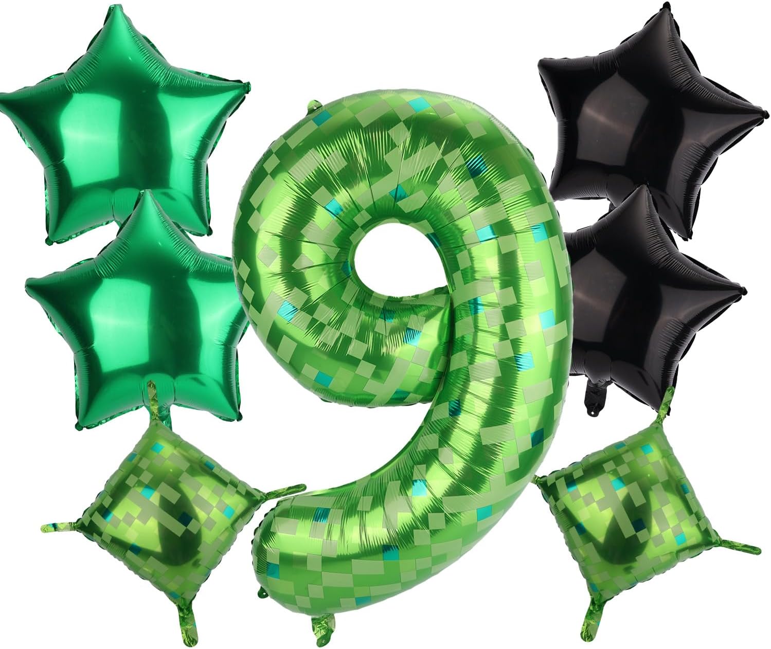 Pixel Balloon Set, 40 Inch/101cm Foil Star Cube Green Number Balloon for Pixel Birthday Game Theme Party Decorations (7)